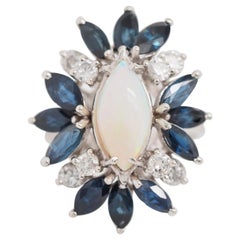 Estate 14 Karat White Gold Opal Sapphire and Diamond Cocktail Ring