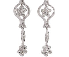 Estate 14 Karat White Gold Round Cut Diamond Flower Dangle Earrings