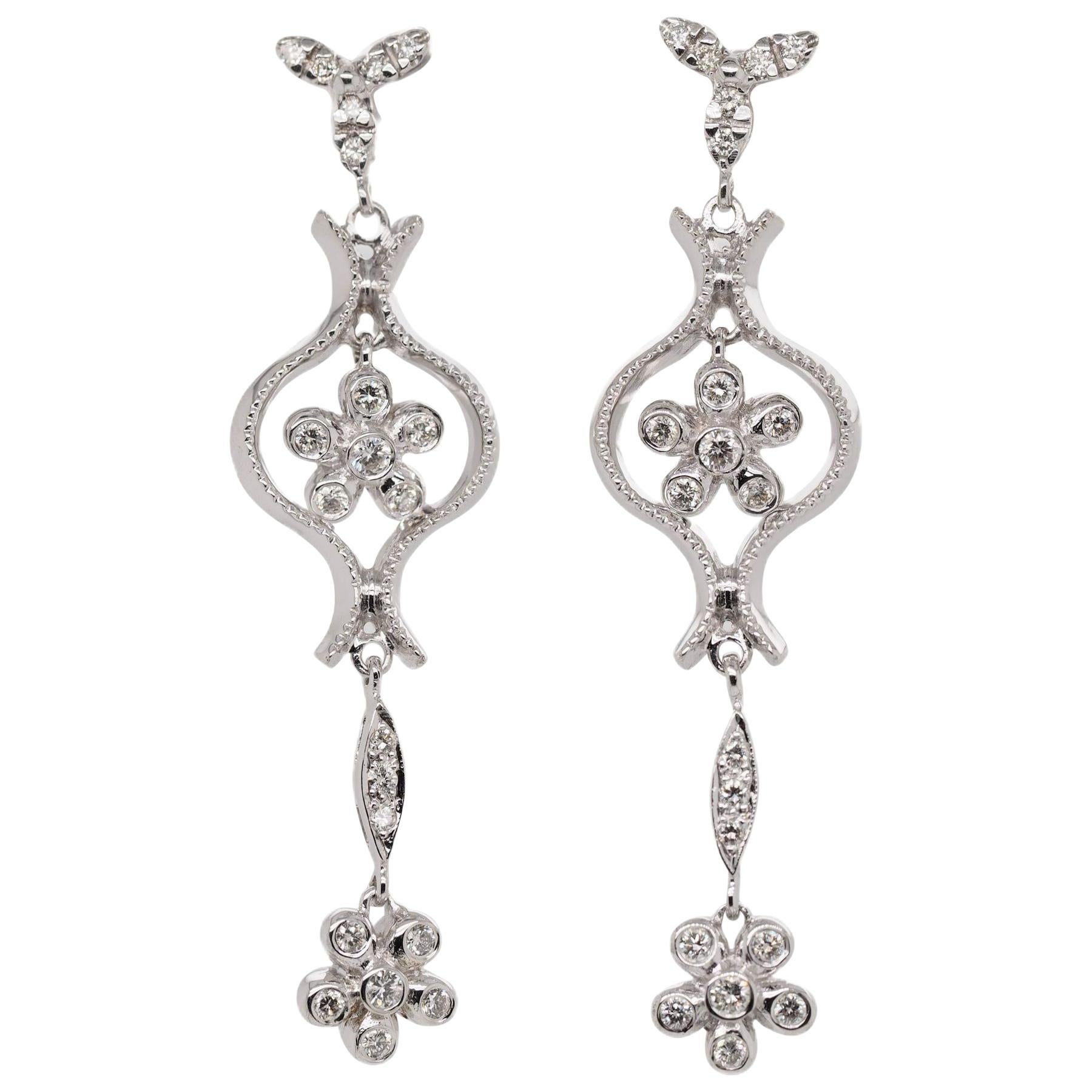 Estate 14 Karat White Gold Round Cut Diamond Flower Dangle Earrings