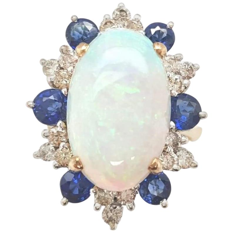 Estate 14 Karat Yellow and White Gold Opal Sapphire and Diamond Cocktail Ring