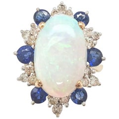 Vintage Estate 14 Karat Yellow and White Gold Opal Sapphire and Diamond Cocktail Ring