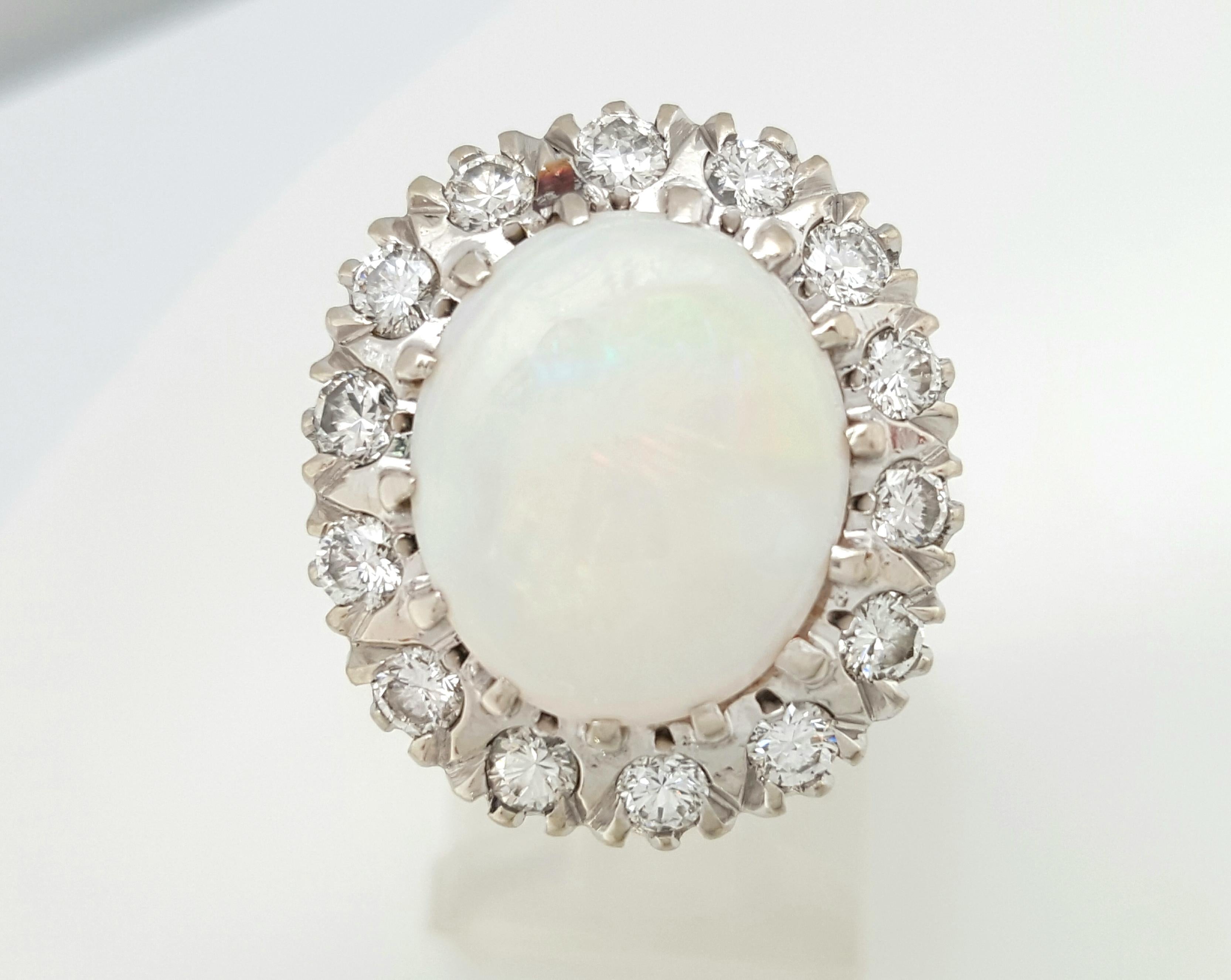 Estate 14 Karat Yellow and White Gold Oval Opal and Diamond Cocktail Ring For Sale 1