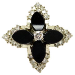Estate 14 Karat Yellow Gold Onyx Flower Design Diamond Ring