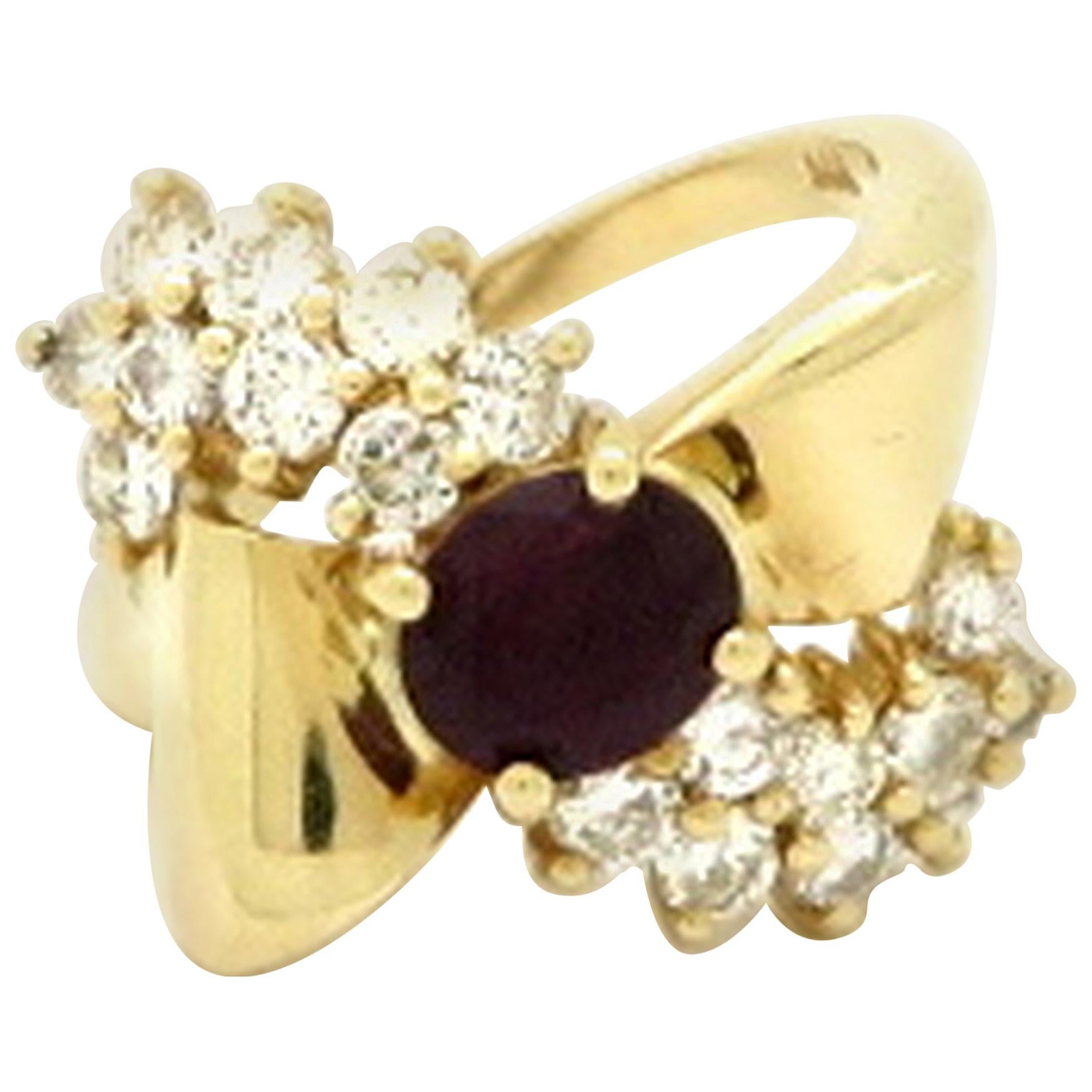 Estate 14 Karat Yellow Gold Ruby and Diamond Retro Style Bow Ring For Sale