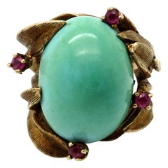 Estate 14 Karat Yellow Gold Turquoise and Ruby Fashion Vintage Ring