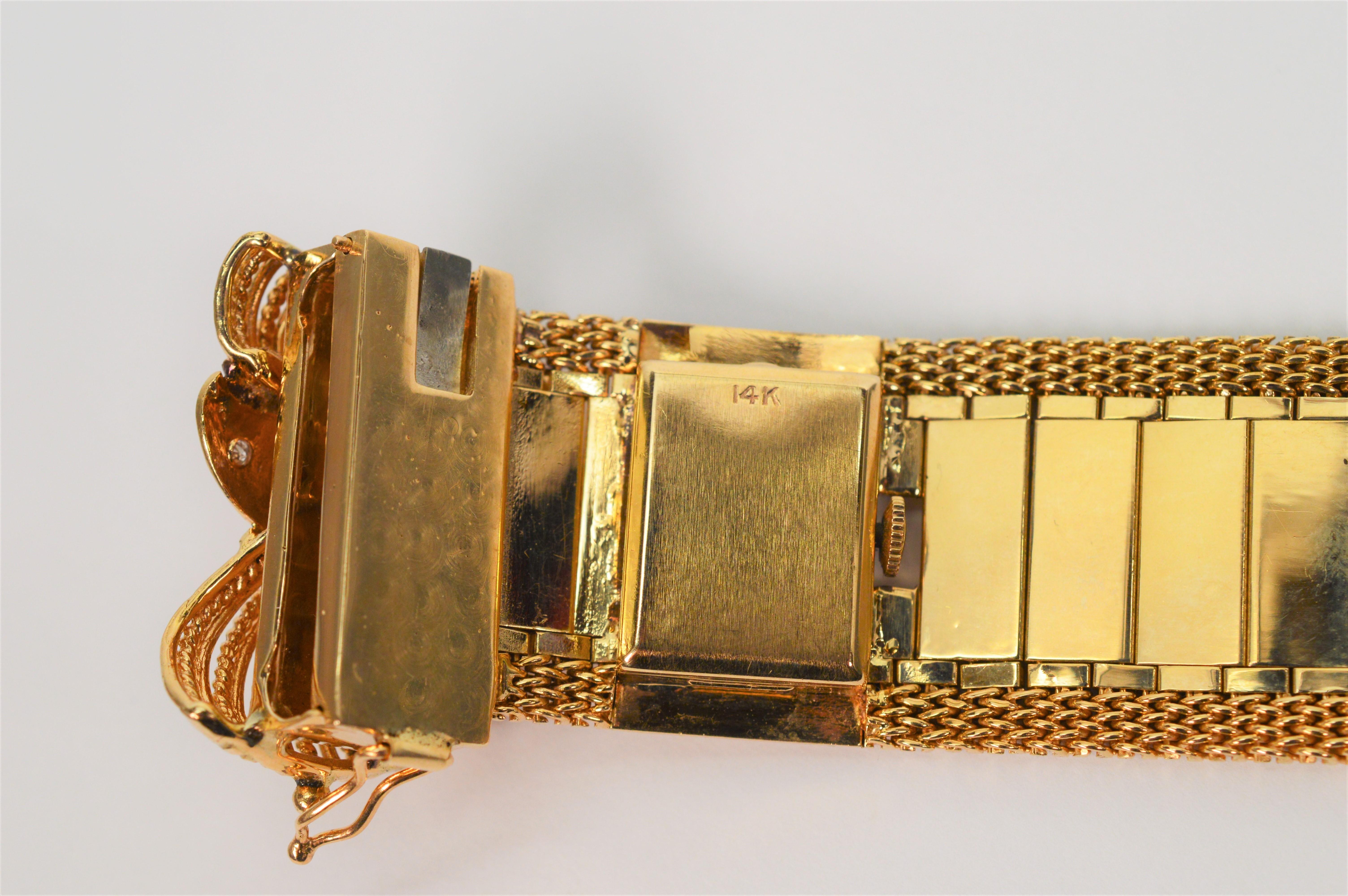 Estate 14 Karat Yellow Gold Wrap Bracelet Watch w Diamond Accents For Sale 5