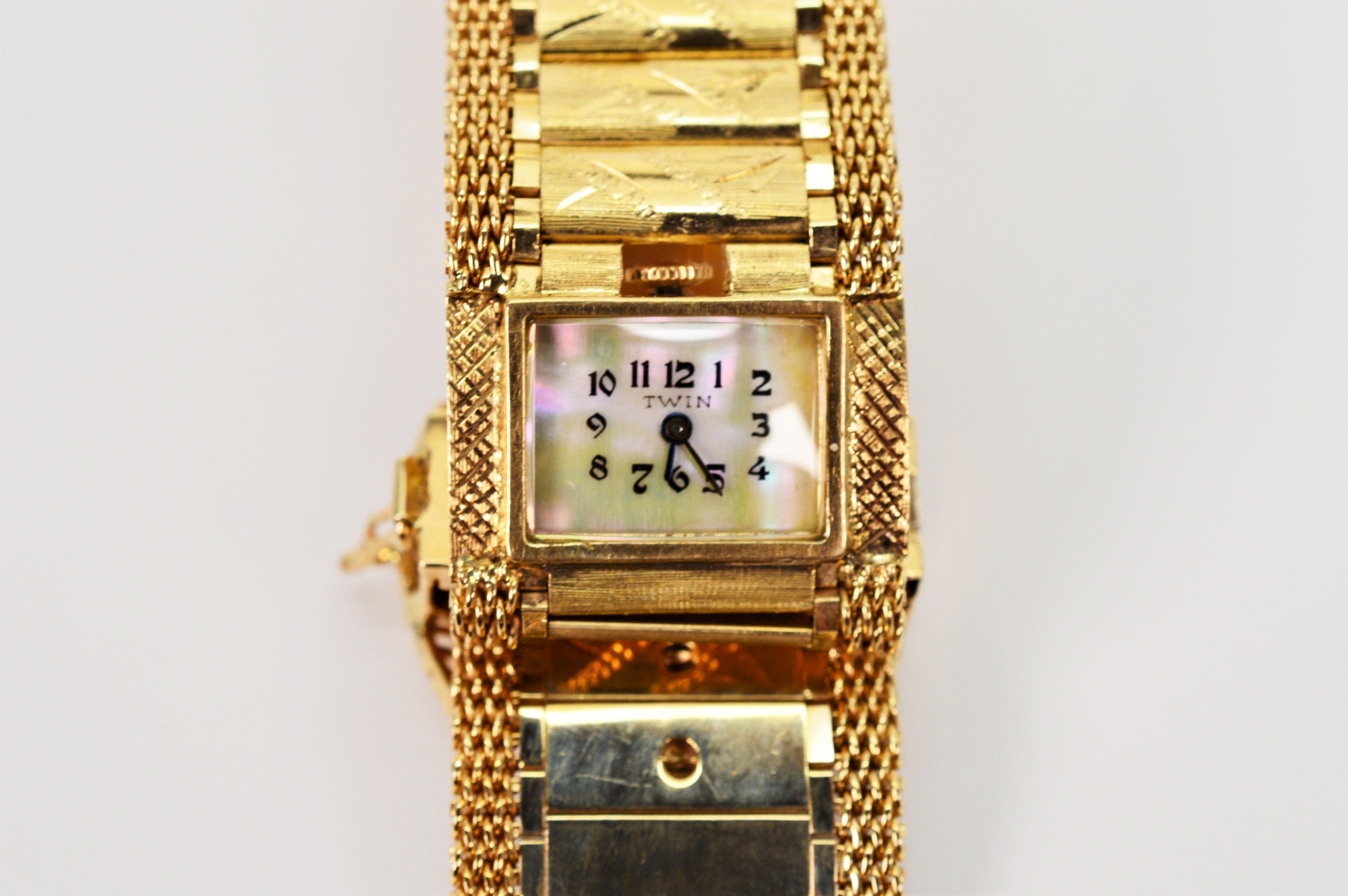 Estate 14 Karat Yellow Gold Wrap Bracelet Watch w Diamond Accents For Sale 6