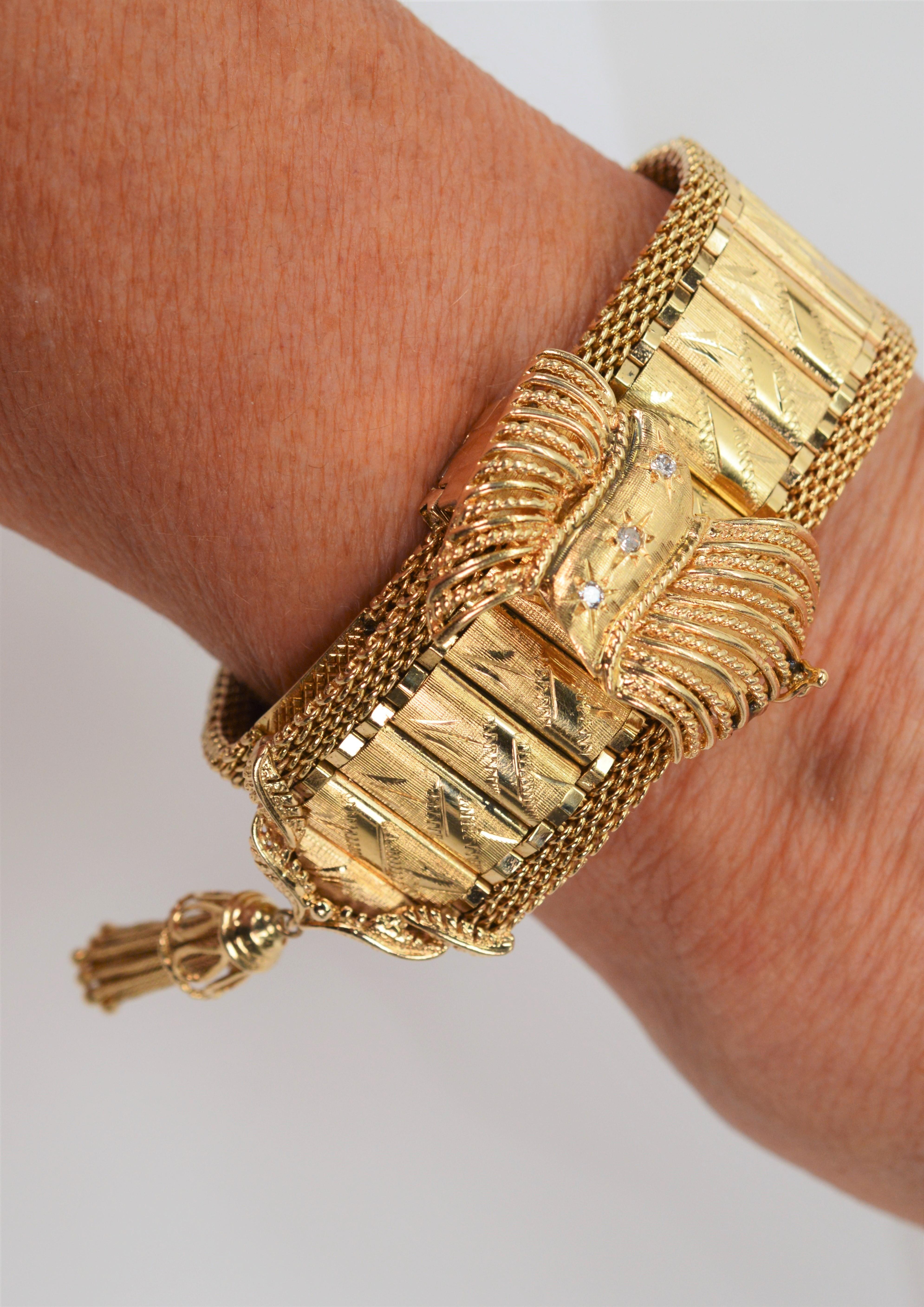 Estate 14 Karat Yellow Gold Wrap Bracelet Watch w Diamond Accents For Sale 9