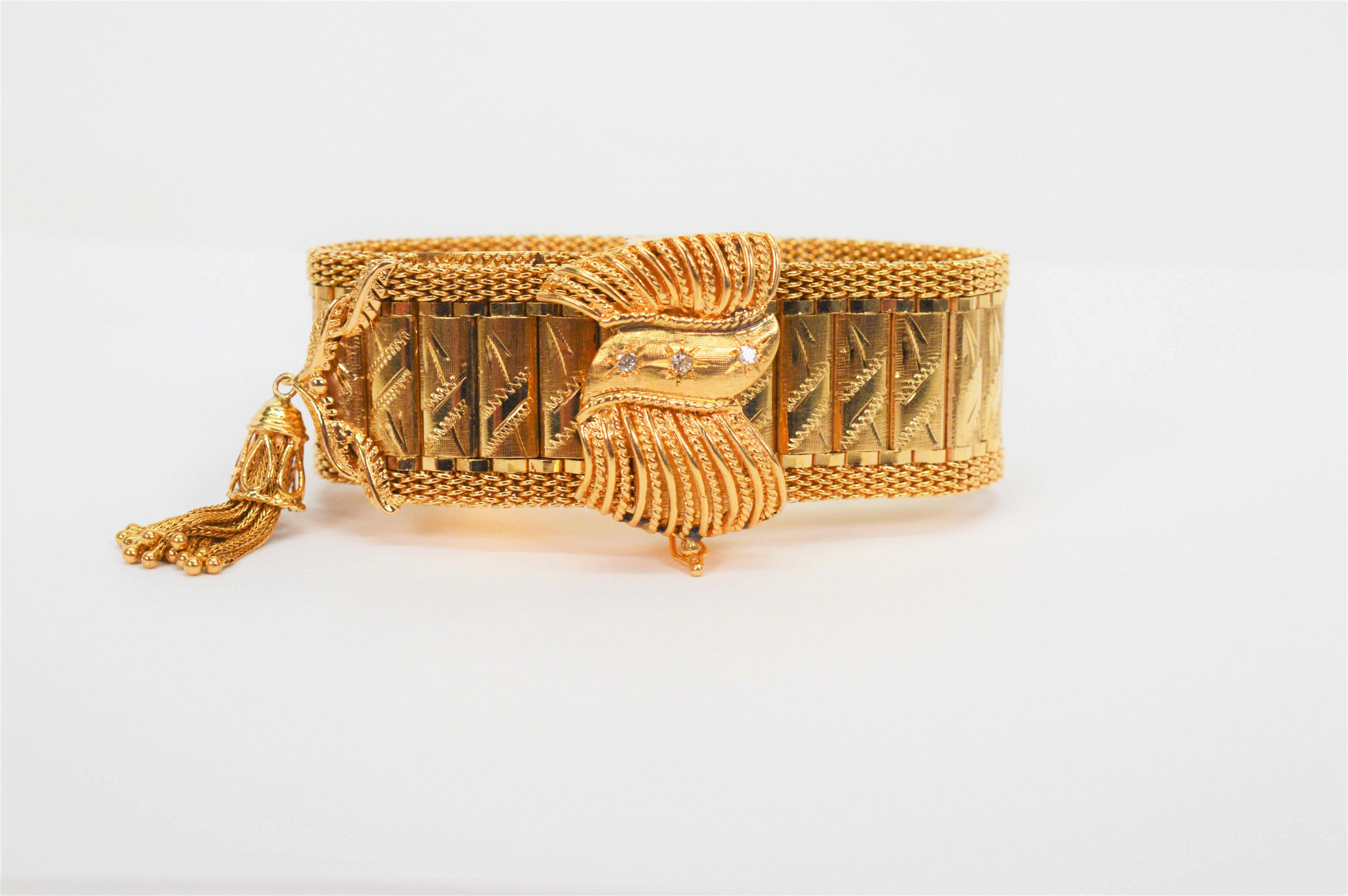 Estate 14 Karat Yellow Gold Wrap Bracelet Watch w Diamond Accents For Sale 11