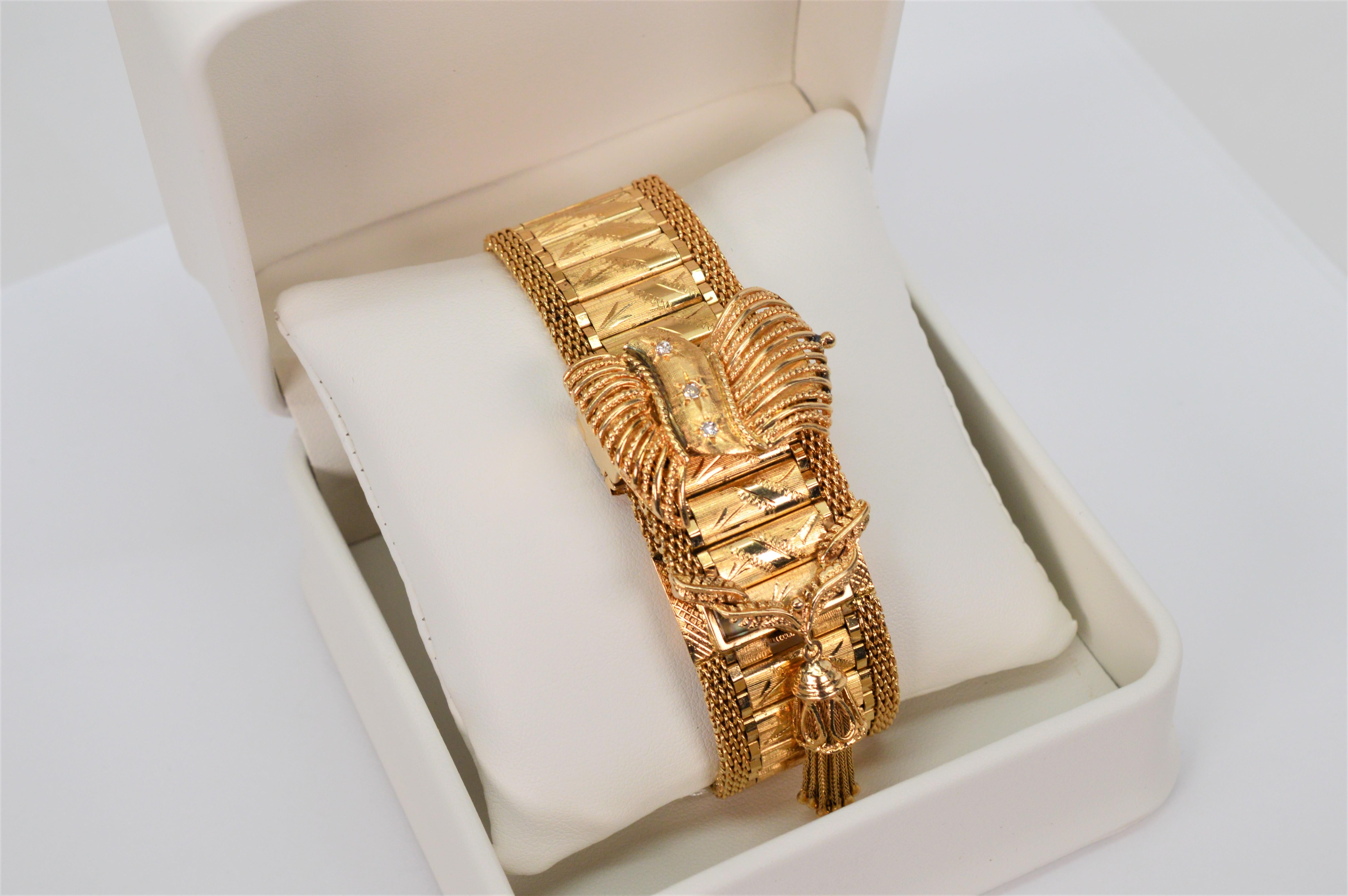 Estate 14 Karat Yellow Gold Wrap Bracelet Watch w Diamond Accents For Sale 13