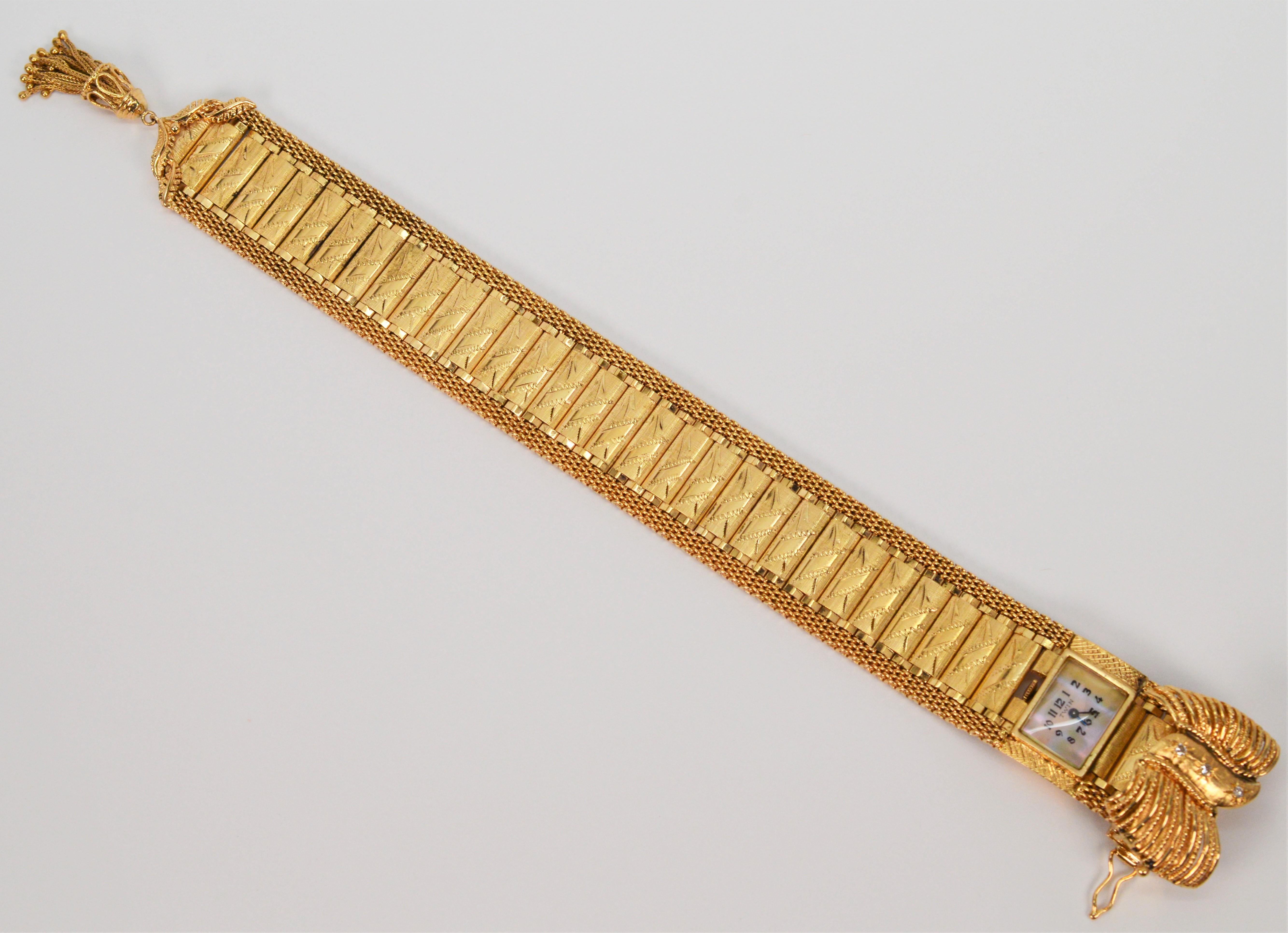 Women's Estate 14 Karat Yellow Gold Wrap Bracelet Watch w Diamond Accents For Sale