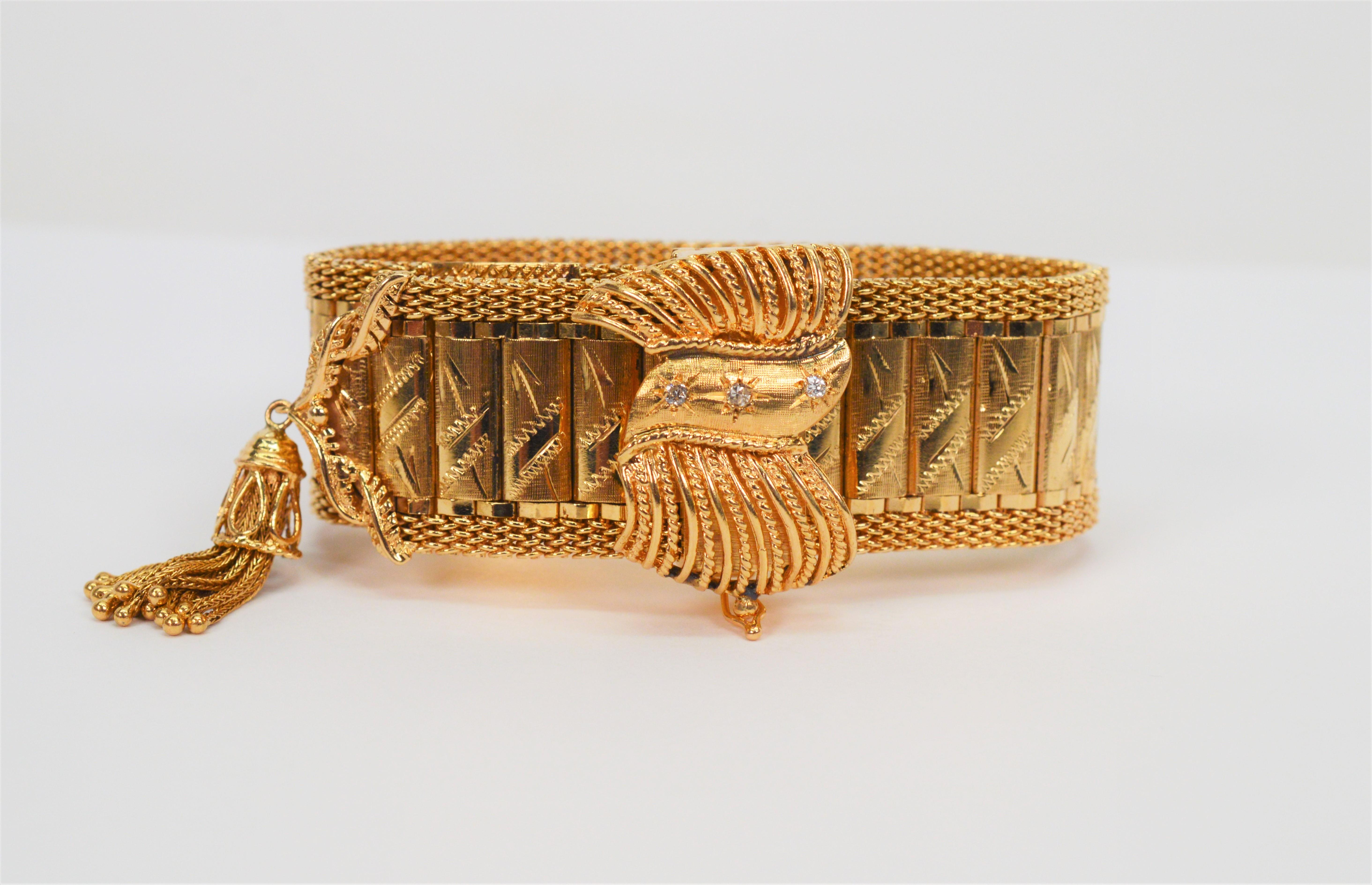 Estate 14 Karat Yellow Gold Wrap Bracelet Watch w Diamond Accents For Sale 1
