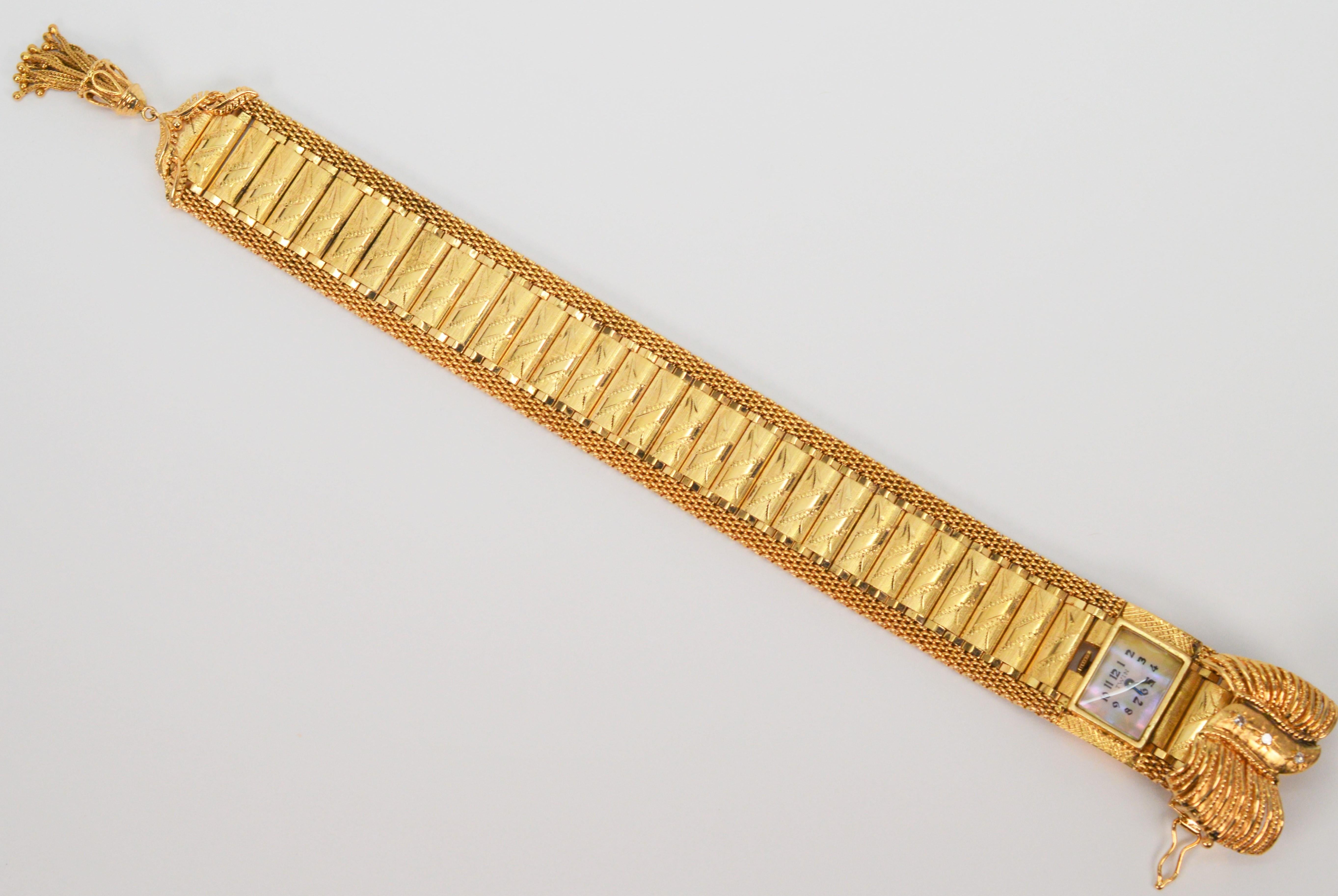 Estate 14 Karat Yellow Gold Wrap Bracelet Watch w Diamond Accents For Sale 3