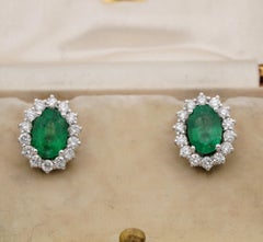 Estate 1.40 Ct Emerald .85 CT G VVS Diamond Cluster Stud Earrings