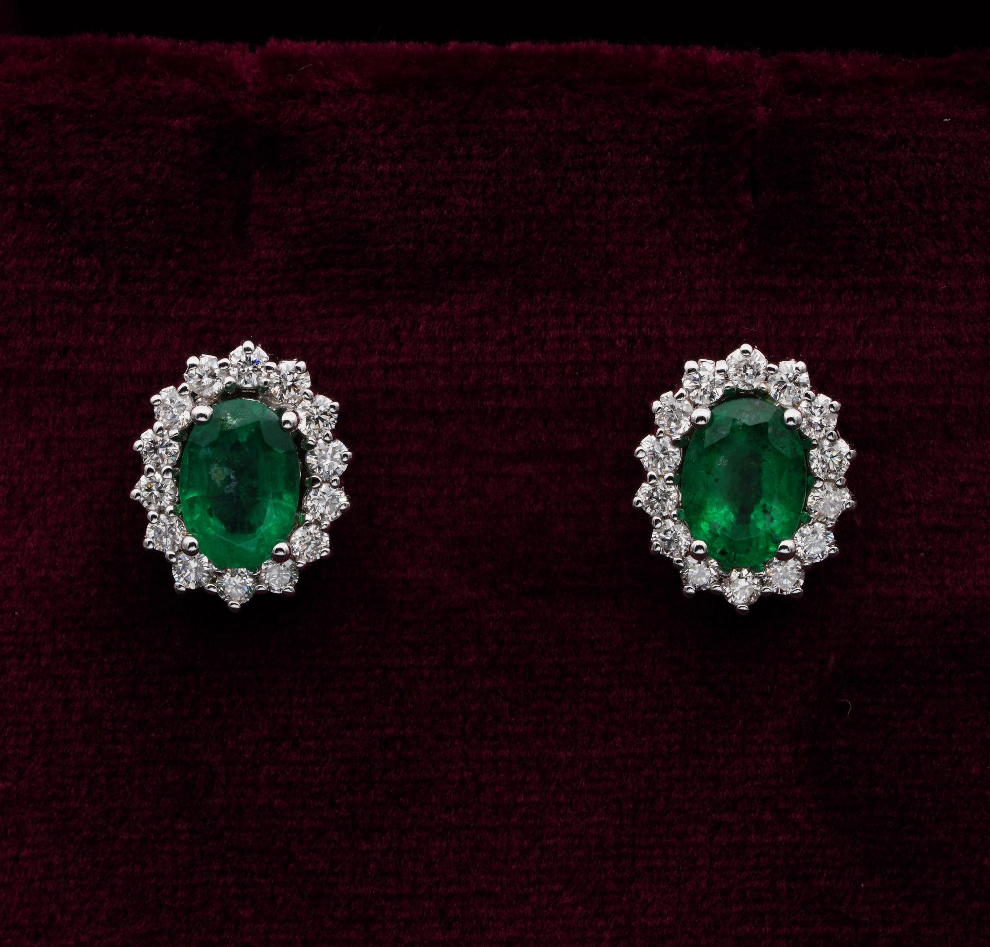 Contemporary Estate 1.40 Ct Emerald .85 CT G VVS Diamond Cluster Stud Earrings For Sale