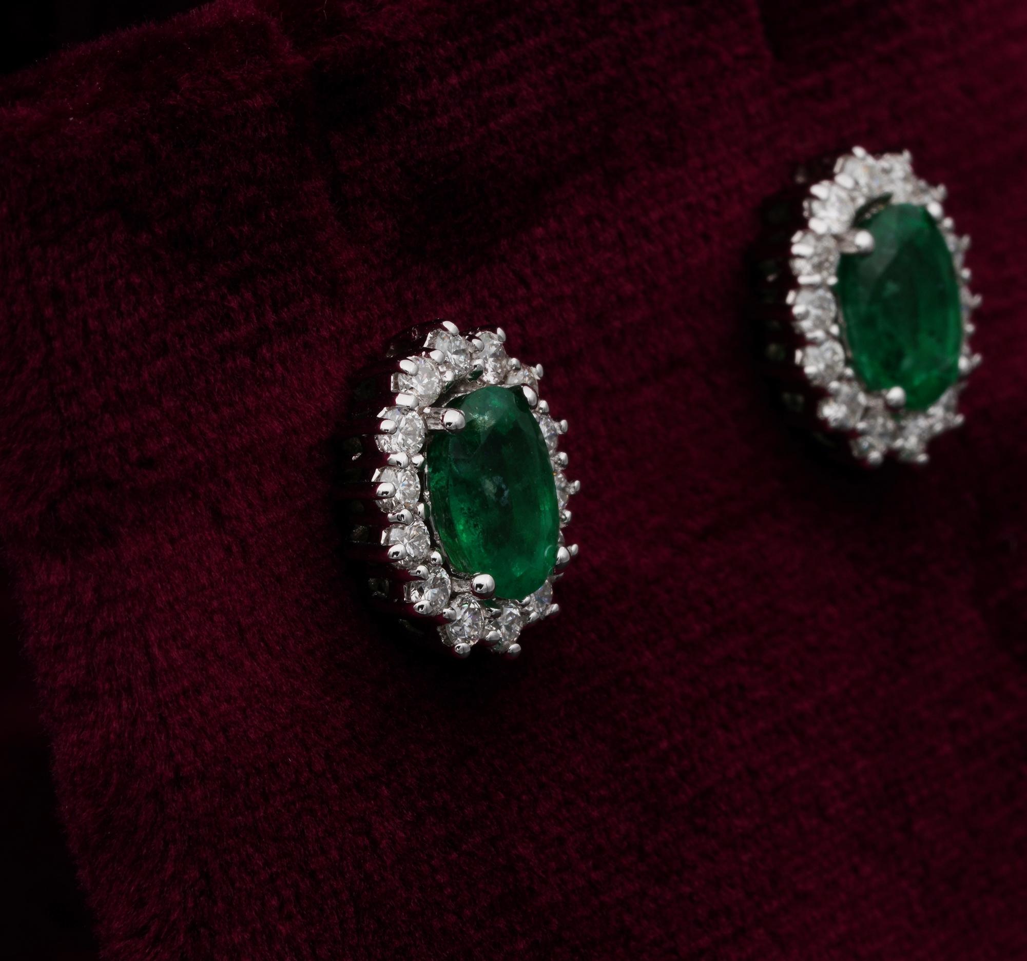 Oval Cut Estate 1.40 Ct Emerald .85 CT G VVS Diamond Cluster Stud Earrings For Sale