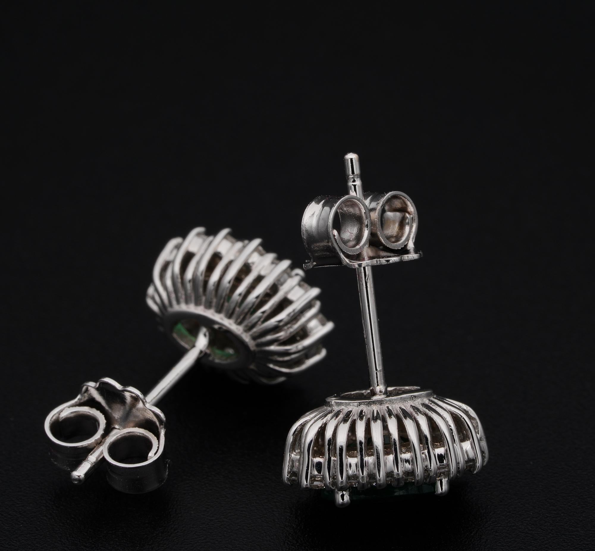 Women's or Men's Estate 1.40 Ct Emerald .85 CT G VVS Diamond Cluster Stud Earrings For Sale