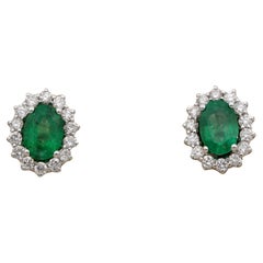 Retro Estate 1.40 Ct Emerald .85 CT G VVS Diamond Cluster Stud Earrings