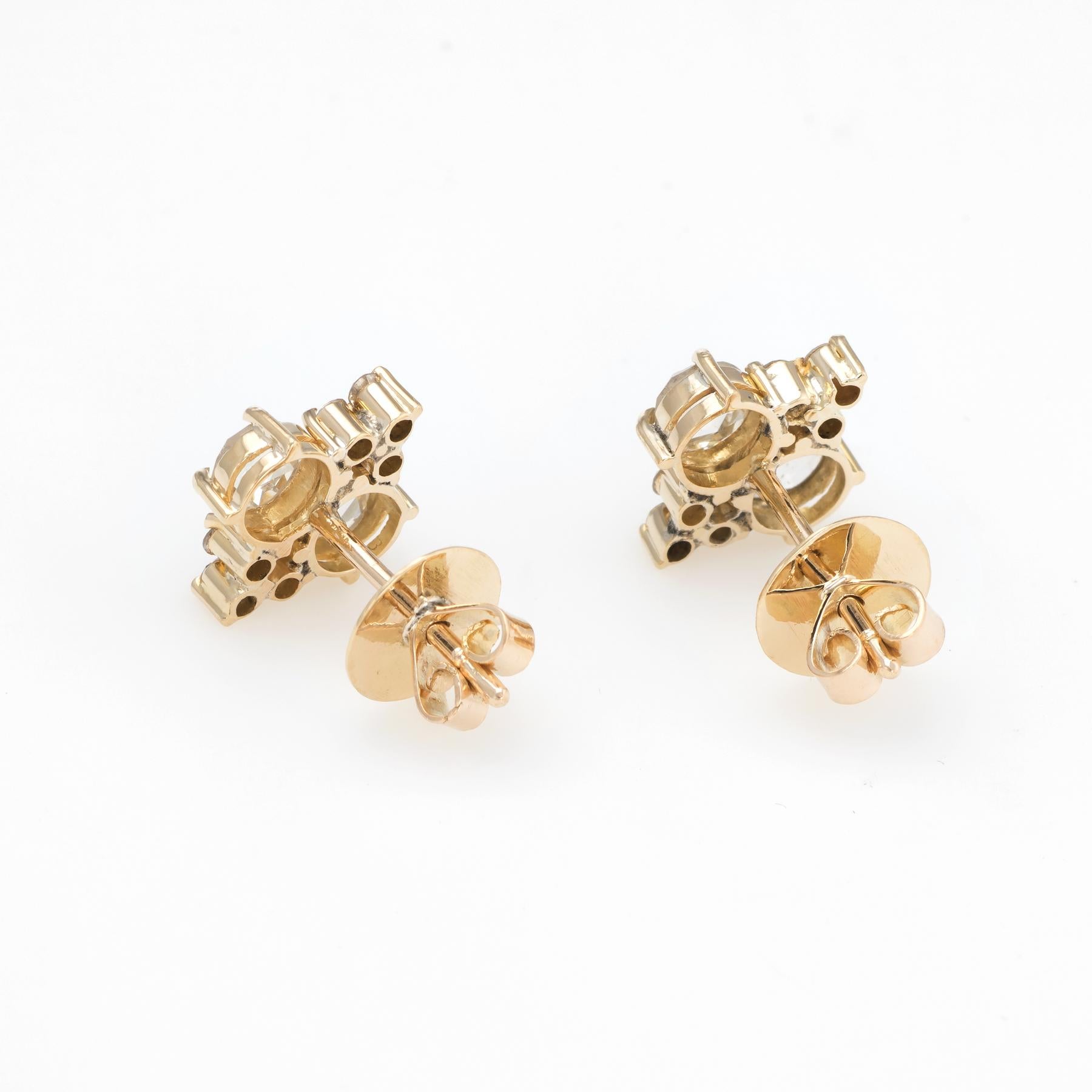 Elegant pair of estate diamond stud earrings, crafted in 14k yellow gold. 

The four larger rose cut diamonds are each estimated at 0.30 carats, accented with 12 estimated 0.02 carat round brilliant cut diamonds. The rose cut diamonds are estimated