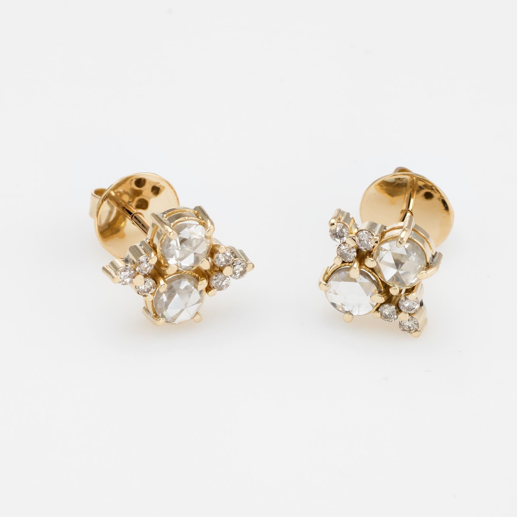 Estate 1.44 Carat Diamond Stud Earrings Rose Cut 14 Karat Gold Fine Jewelry In Excellent Condition In Torrance, CA