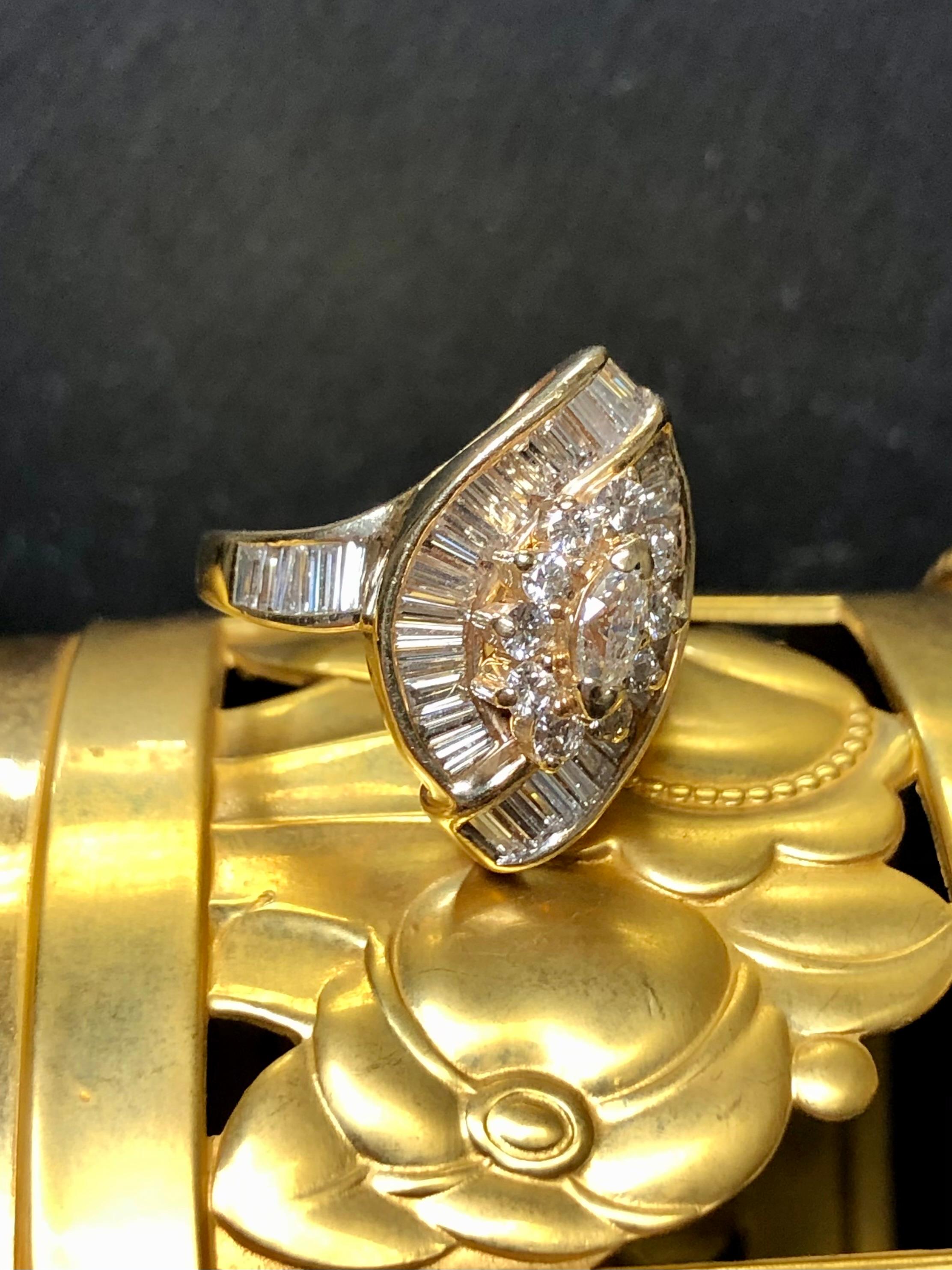 Contemporary Estate 14K Baguette Marquise Round Diamond Channel Set Cocktail Ring 3.20cttw  For Sale