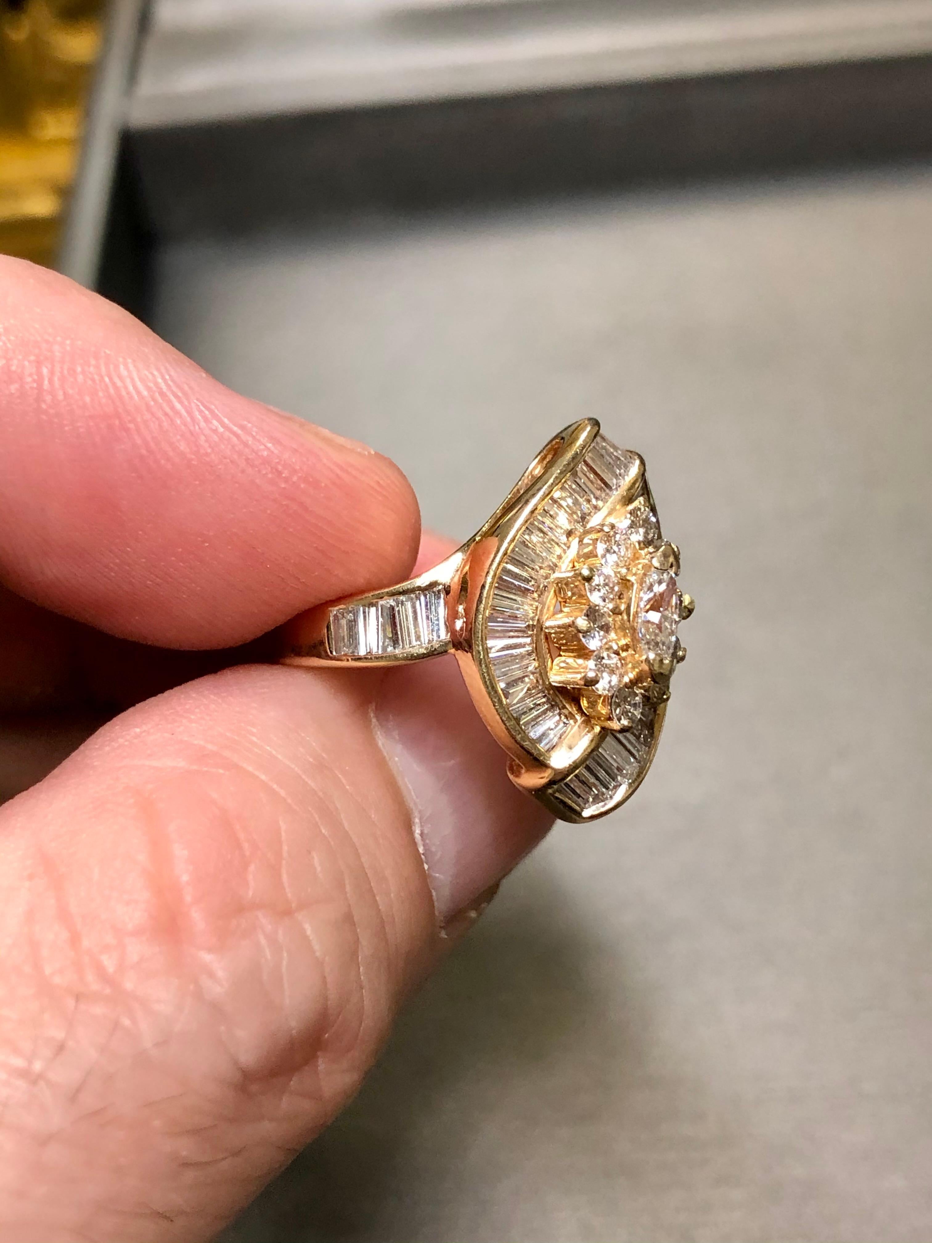 Estate 14K Baguette Marquise Round Diamond Channel Set Cocktail Ring 3.20cttw  In Good Condition In Winter Springs, FL