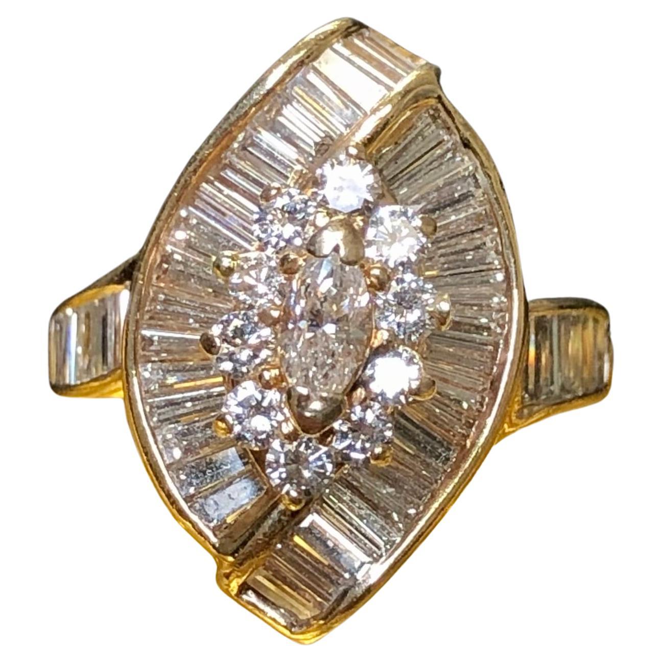 Estate 14K Baguette Marquise Round Diamond Channel Set Cocktail Ring 3.20cttw  For Sale