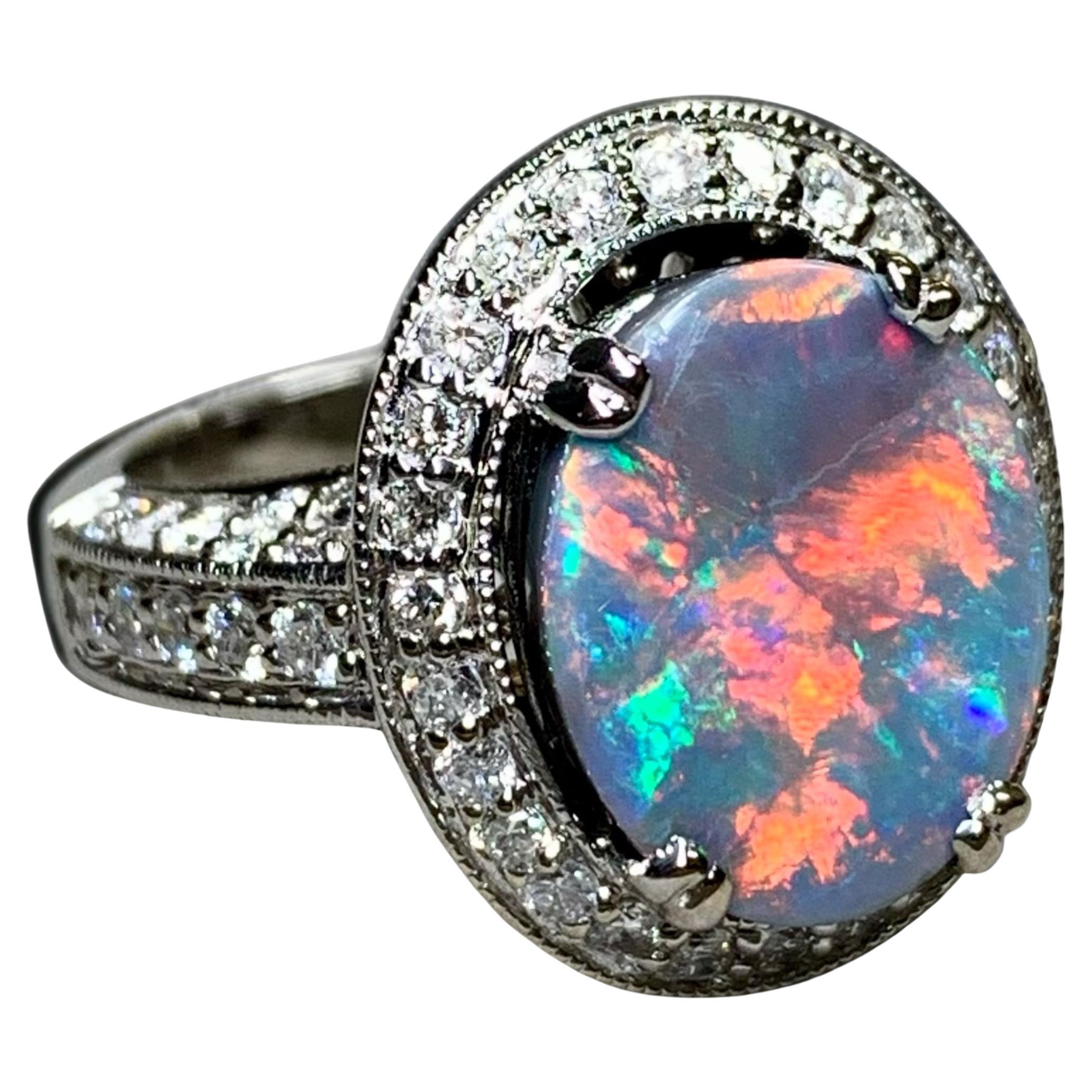 Estate 14K Opale Nero Diamante Pavé Halo Diamante Anello Cocktail 4.86ctw Sz 7.25 in vendita