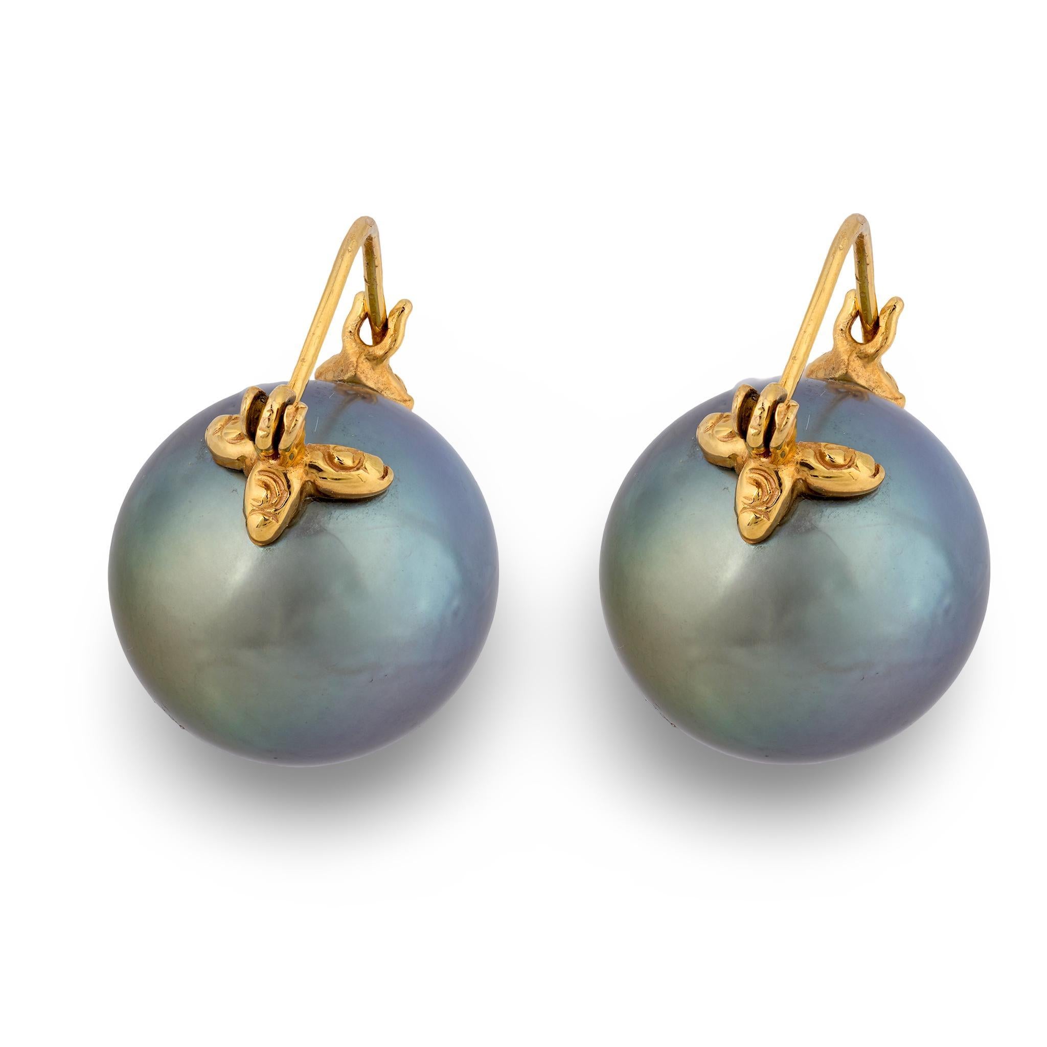 Estate 14k Black Tahitian Pearl Earring 14mm For Sale