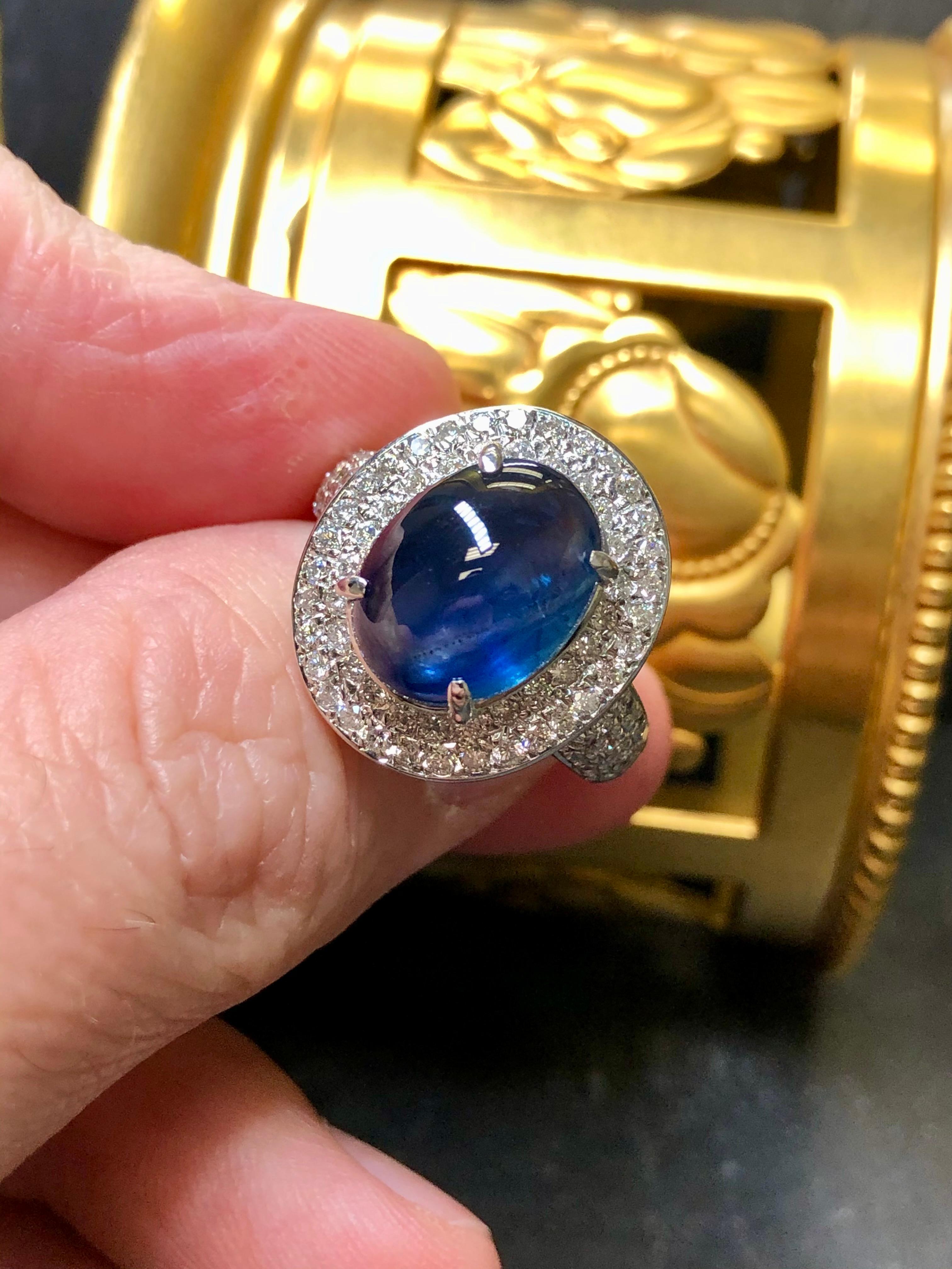 Women's or Men's Estate 14K Cabochon Sapphire Pave Diamond Cocktail Ring 9.92cttw For Sale