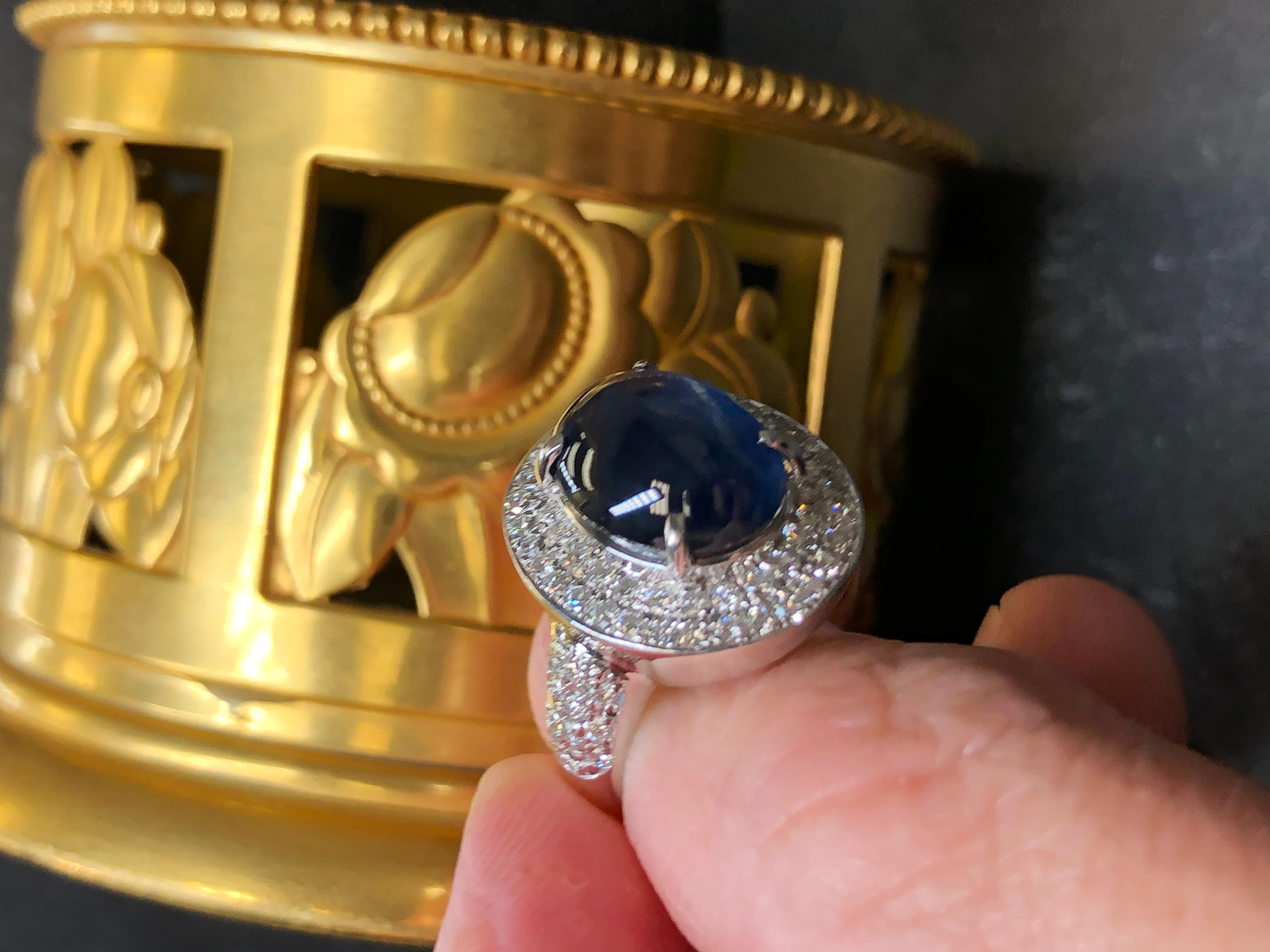 Estate 14K Cabochon Sapphire Pave Diamond Cocktail Ring 9.92cttw For Sale 1