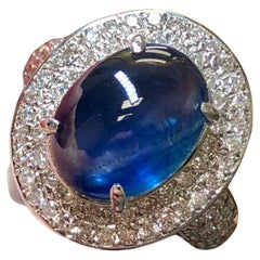 Retro Estate 14K Cabochon Sapphire Pave Diamond Cocktail Ring 9.92cttw