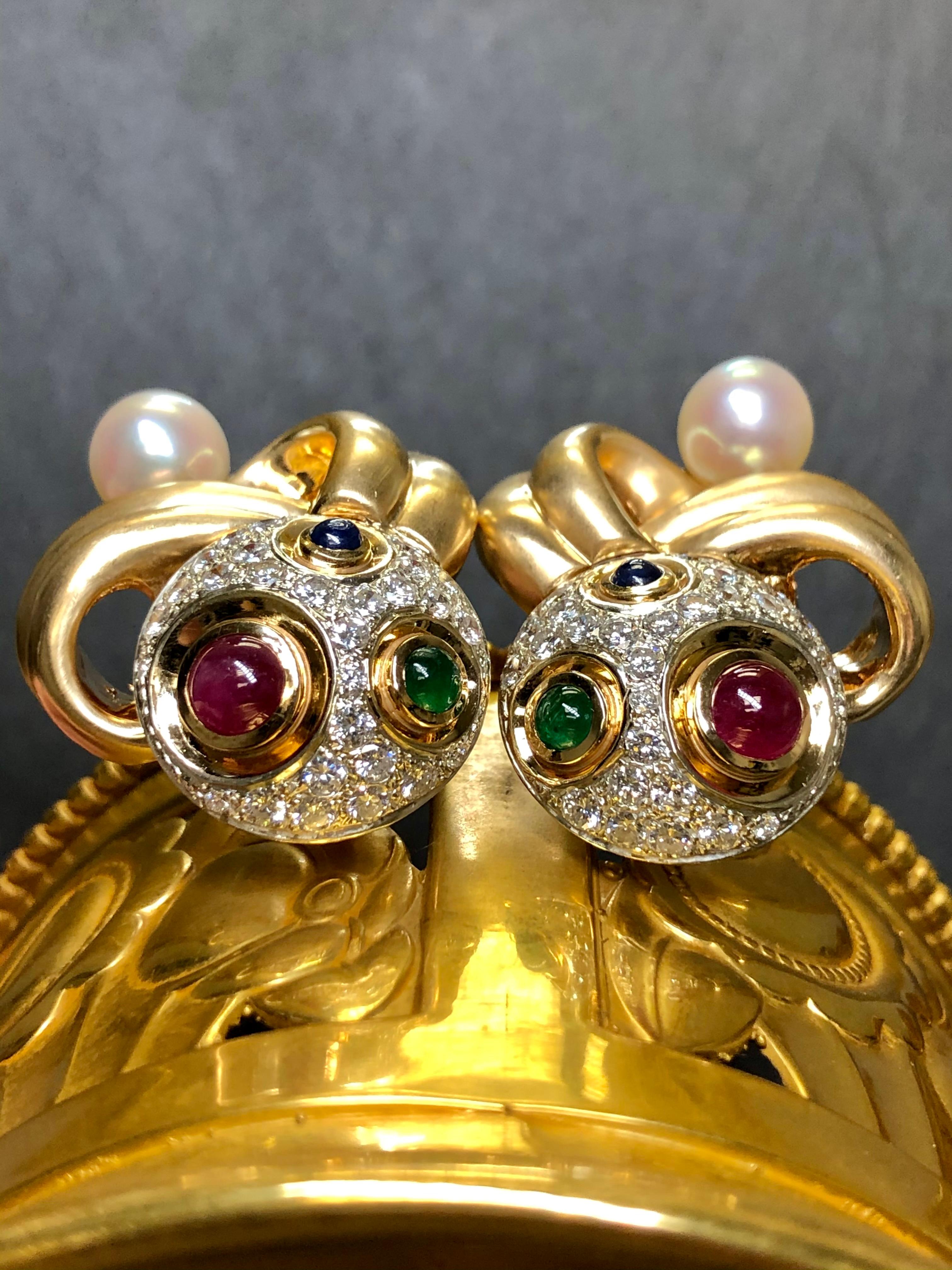 De las mujeres Pendientes de palanca de 14 quilates con cabujón de diamantes, rubí, zafiro, esmeralda y perla en venta
