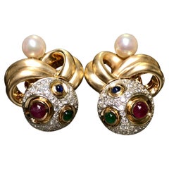 Estate 14k Diamond Cabochon Ruby Sapphire Emerald Pearl Lever Back Earrings 