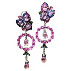 Estate 14k Diamante Pink Diamond Zaffiro Blu Tormalina Briolette Orecchini a Pendente