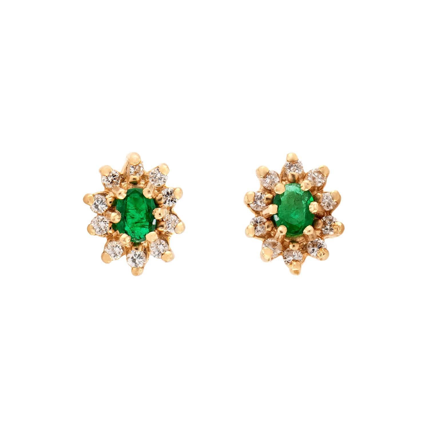 Estate 14k Emerald and Diamond Halo Stud Earrings