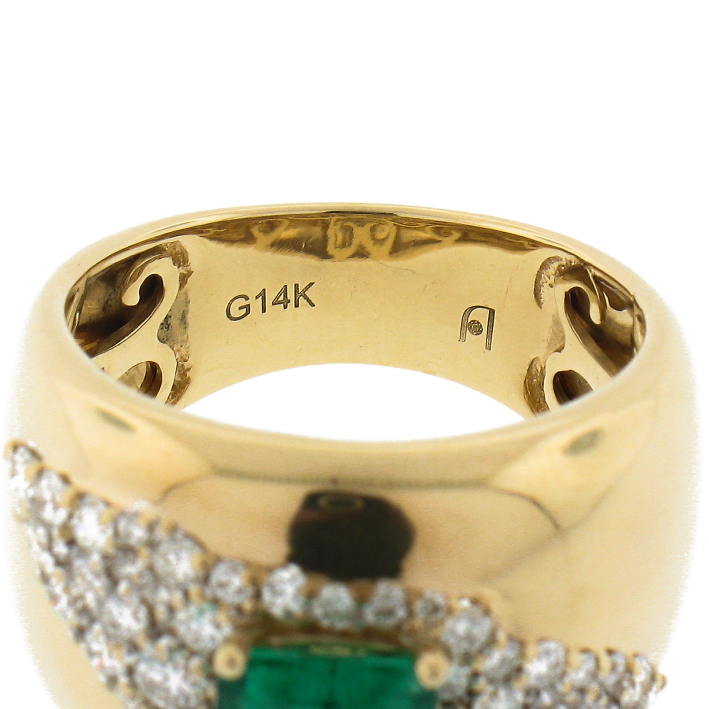 Estate 14k Gold 2ct Green Emerald & Diamond Wide Unique Polished Cigar Band Ring For Sale 5