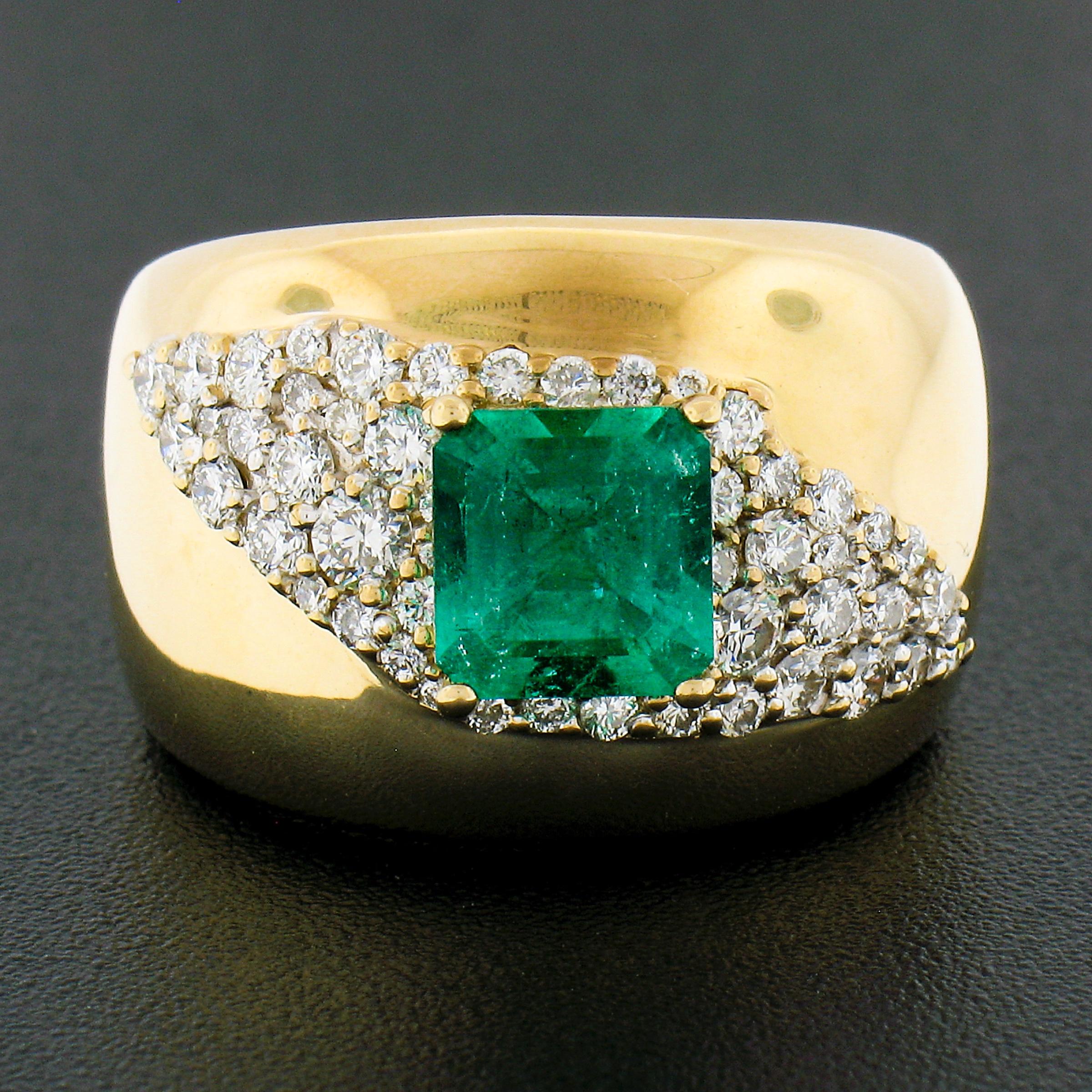 Emerald Cut Estate 14k Gold 2ct Green Emerald & Diamond Wide Unique Polished Cigar Band Ring For Sale