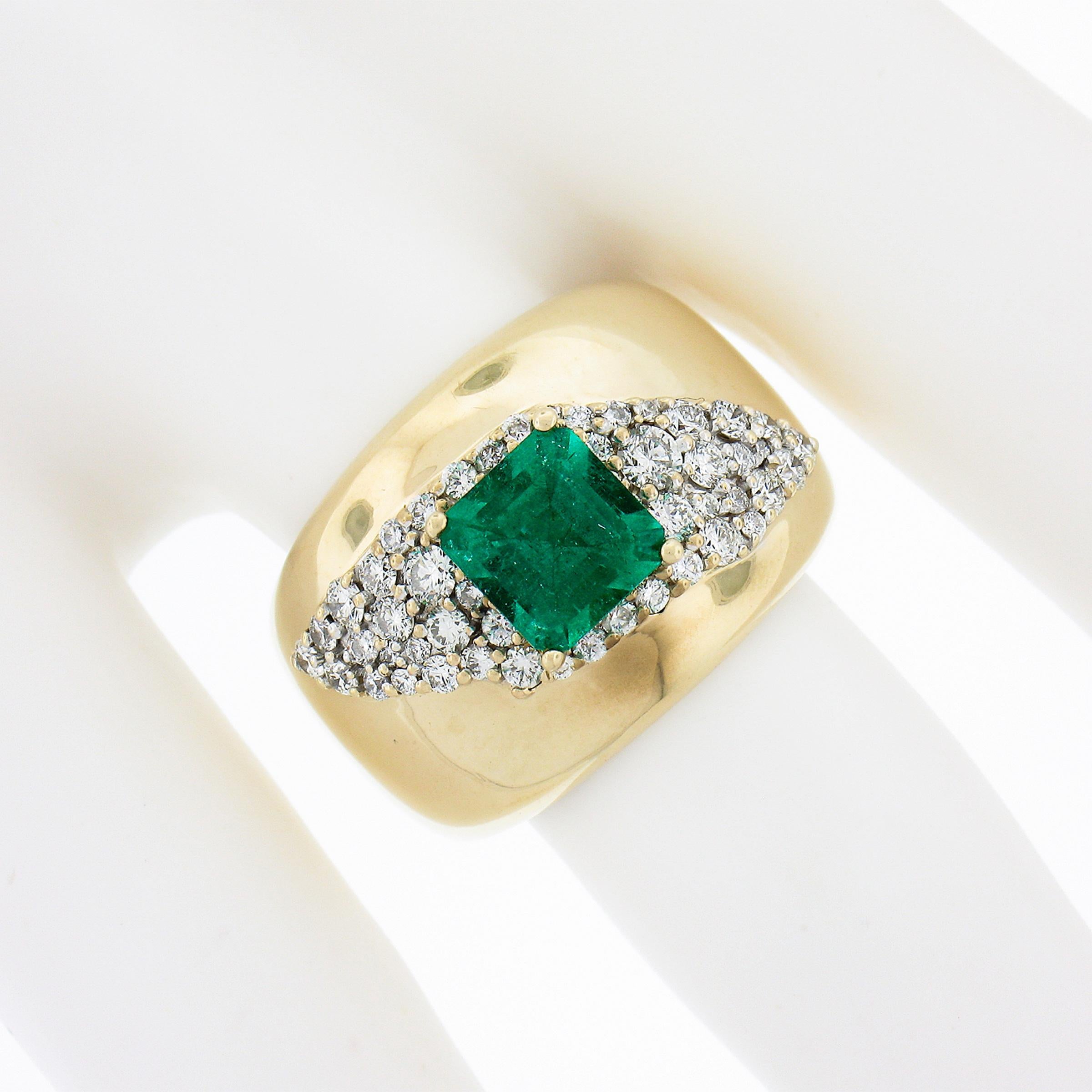 Estate 14k Gold 2ct Green Emerald & Diamond Wide Unique Polished Cigar Band Ring In Good Condition For Sale In Montclair, NJ