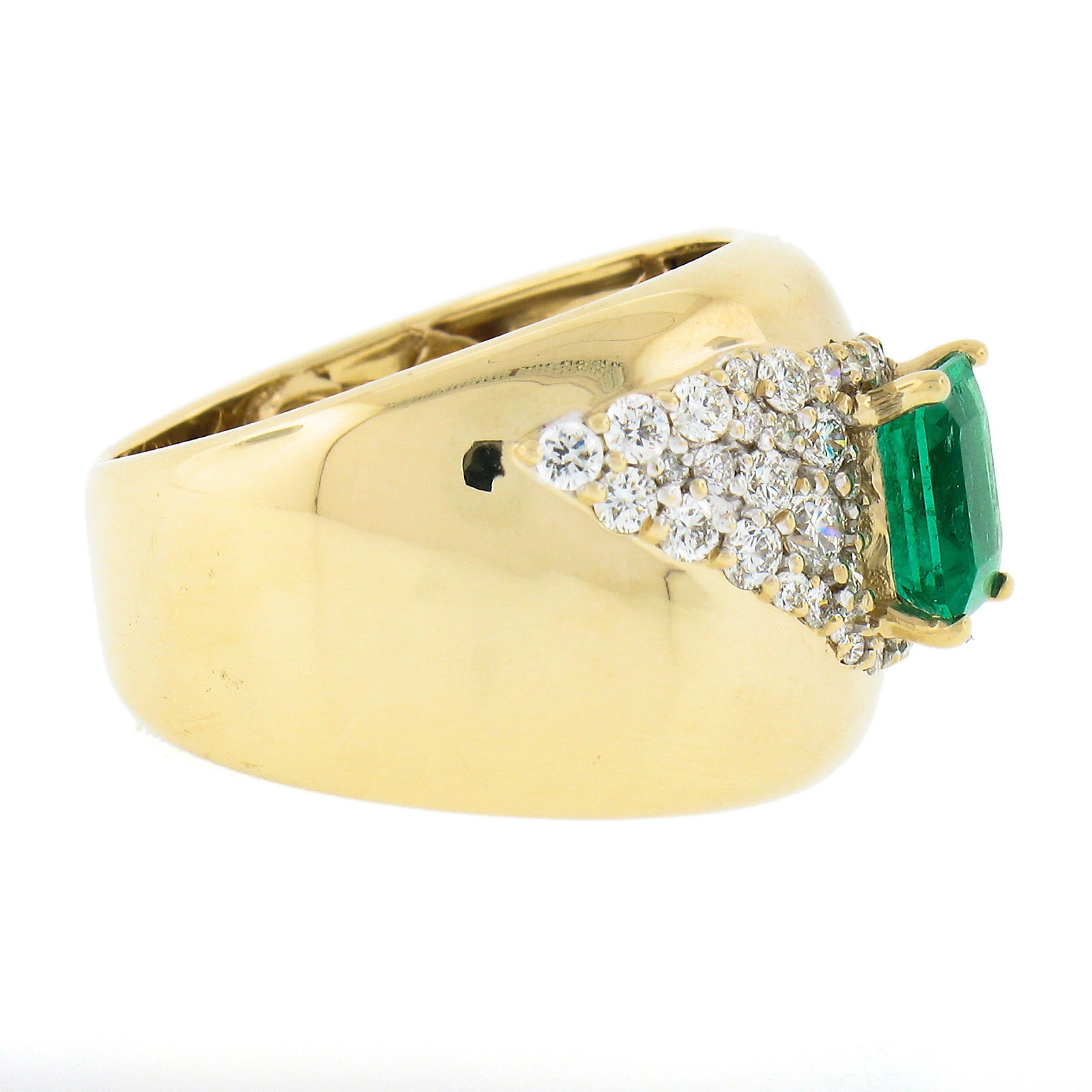 Women's Estate 14k Gold 2ct Green Emerald & Diamond Wide Unique Polished Cigar Band Ring For Sale