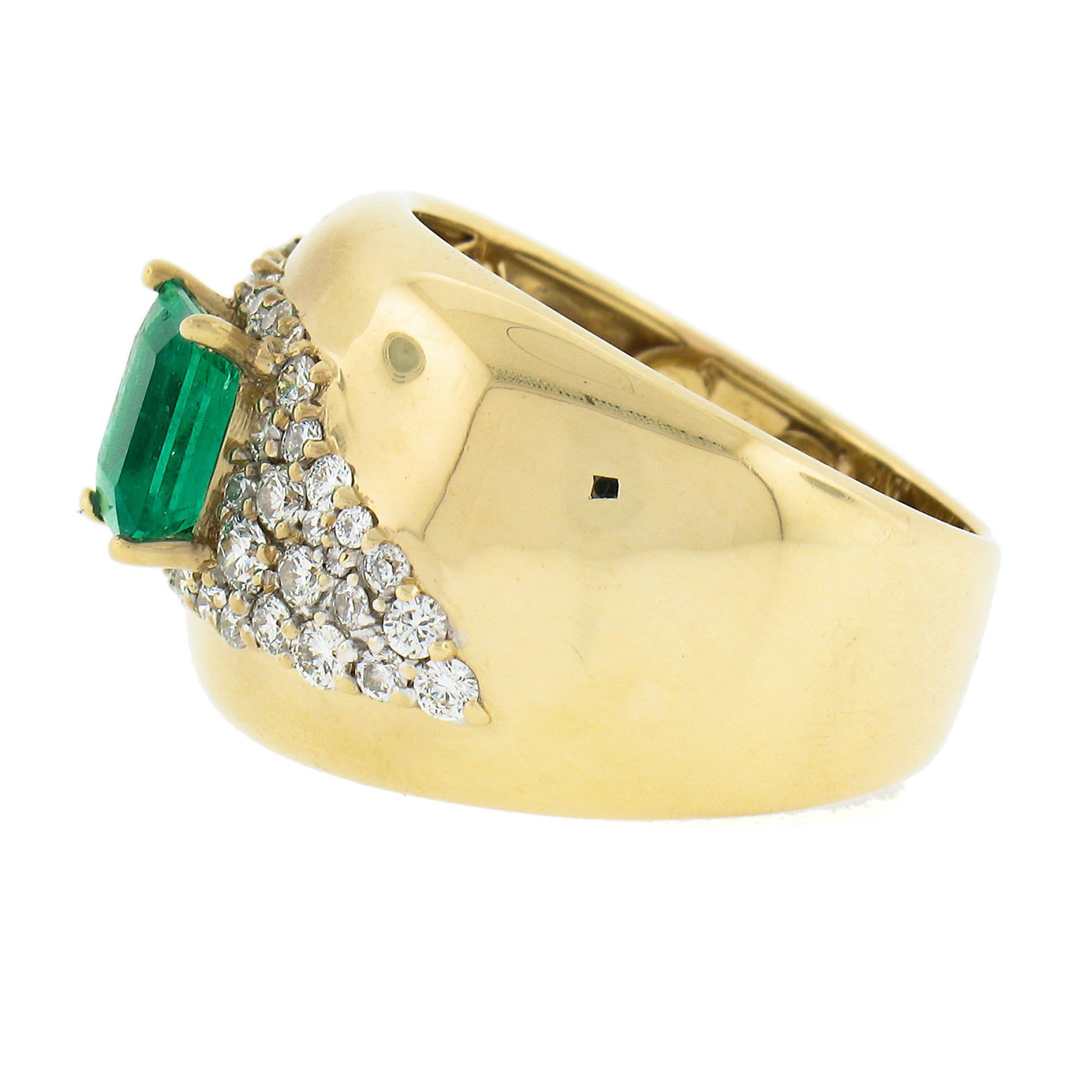 Estate 14k Gold 2ct Green Emerald & Diamond Wide Unique Polished Cigar Band Ring For Sale 1