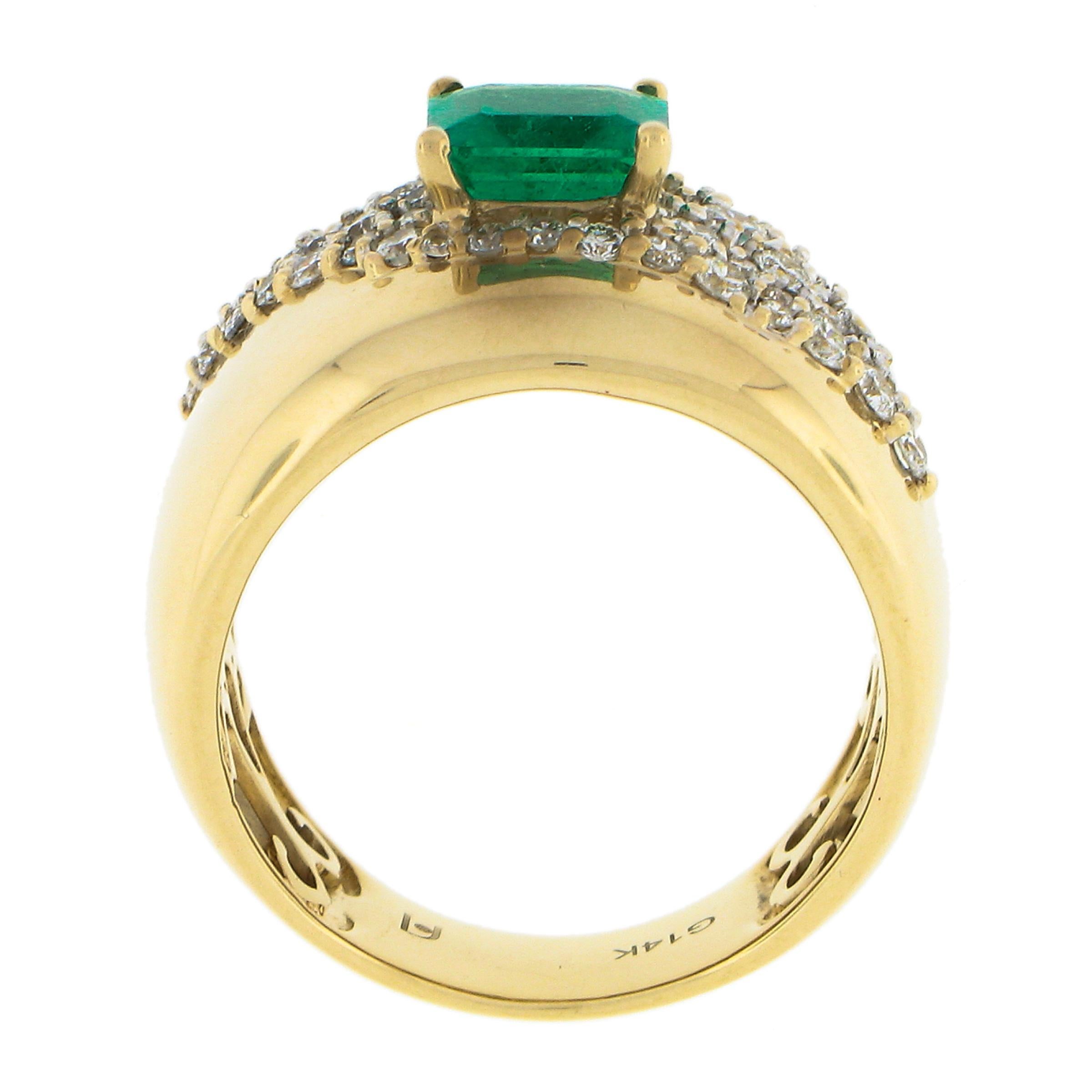 Estate 14k Gold 2ct Green Emerald & Diamond Wide Unique Polished Cigar Band Ring For Sale 3