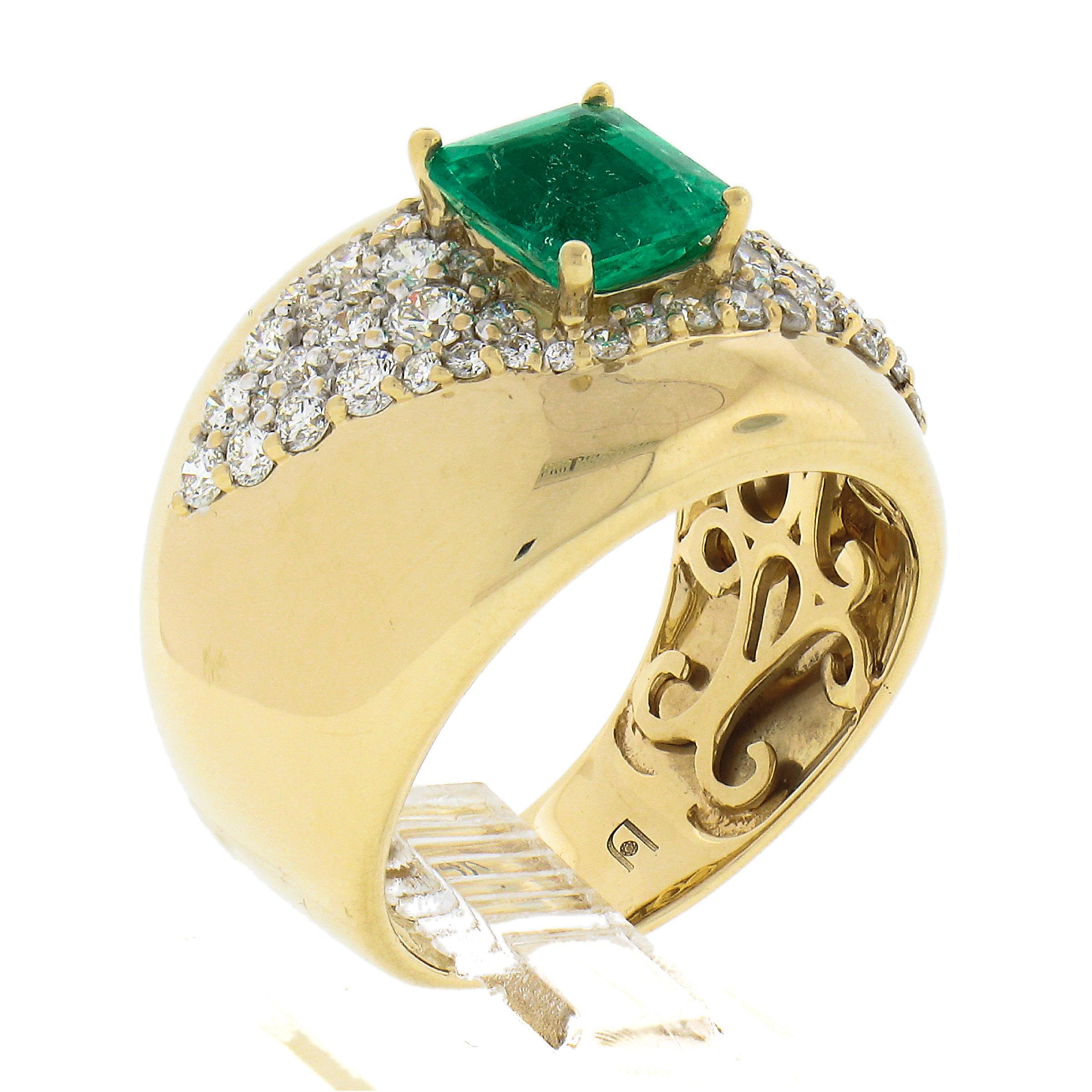 Estate 14k Gold 2ct Green Emerald & Diamond Wide Unique Polished Cigar Band Ring For Sale 4