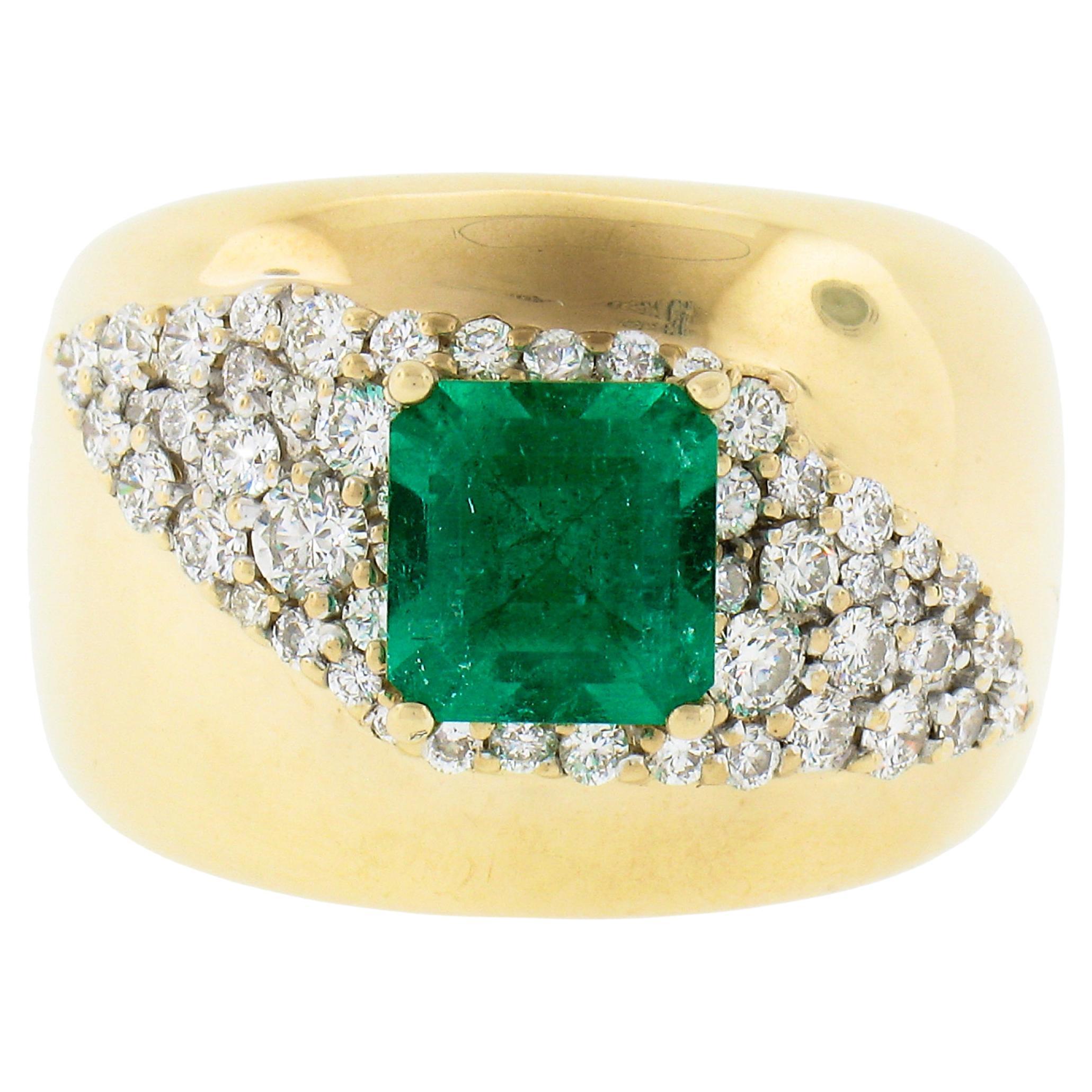Estate 14k Gold 2ct Green Emerald & Diamond Wide Unique Polished Cigar Band Ring For Sale