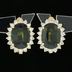 Estate 14k Gold 8.18ctw GIA NO HEAT Oval Green Sapphire & Diamond Halo Earrings