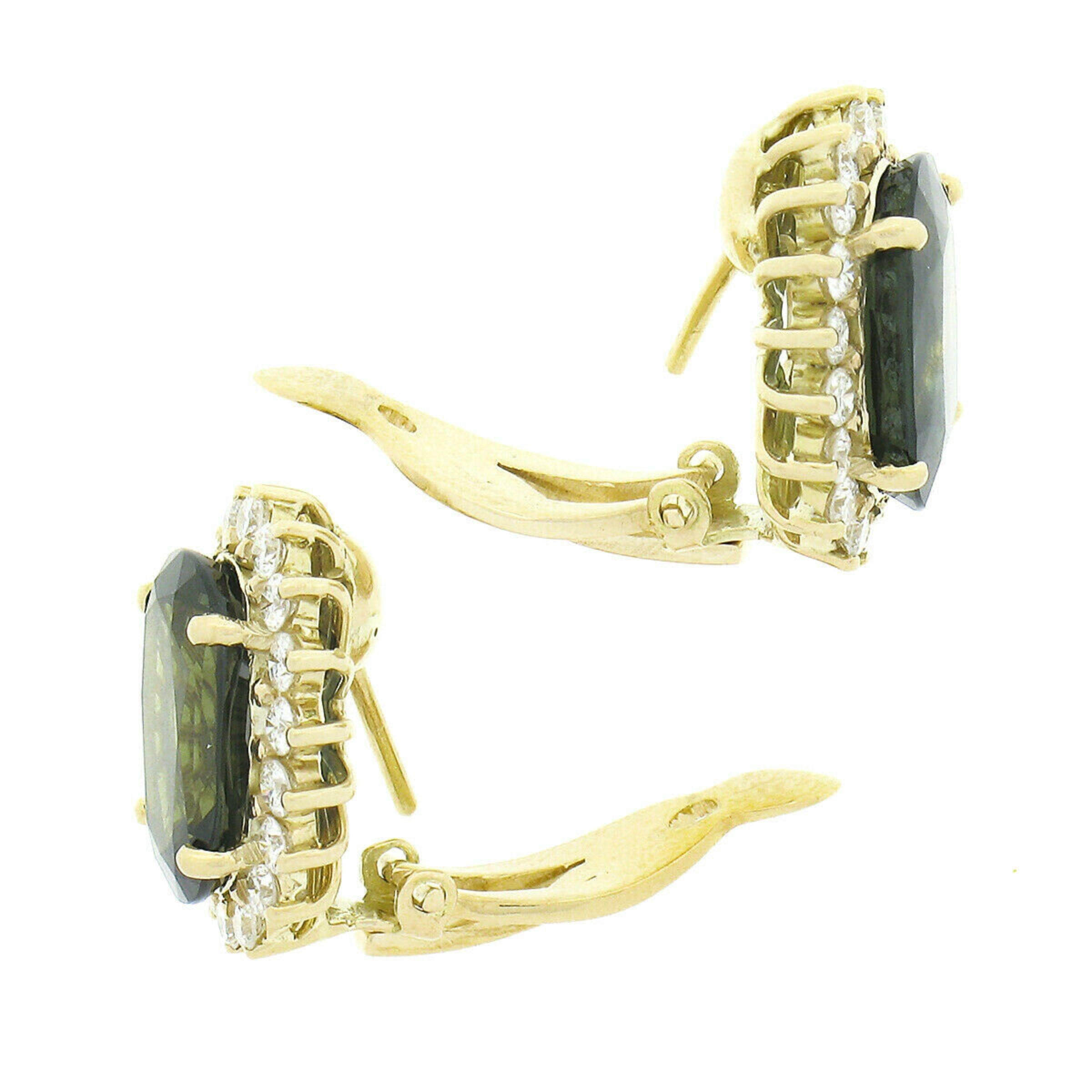 Oval Cut Estate 14k Gold 8.18ctw GIA NO HEAT Oval Green Sapphire & Diamond Halo Earrings For Sale