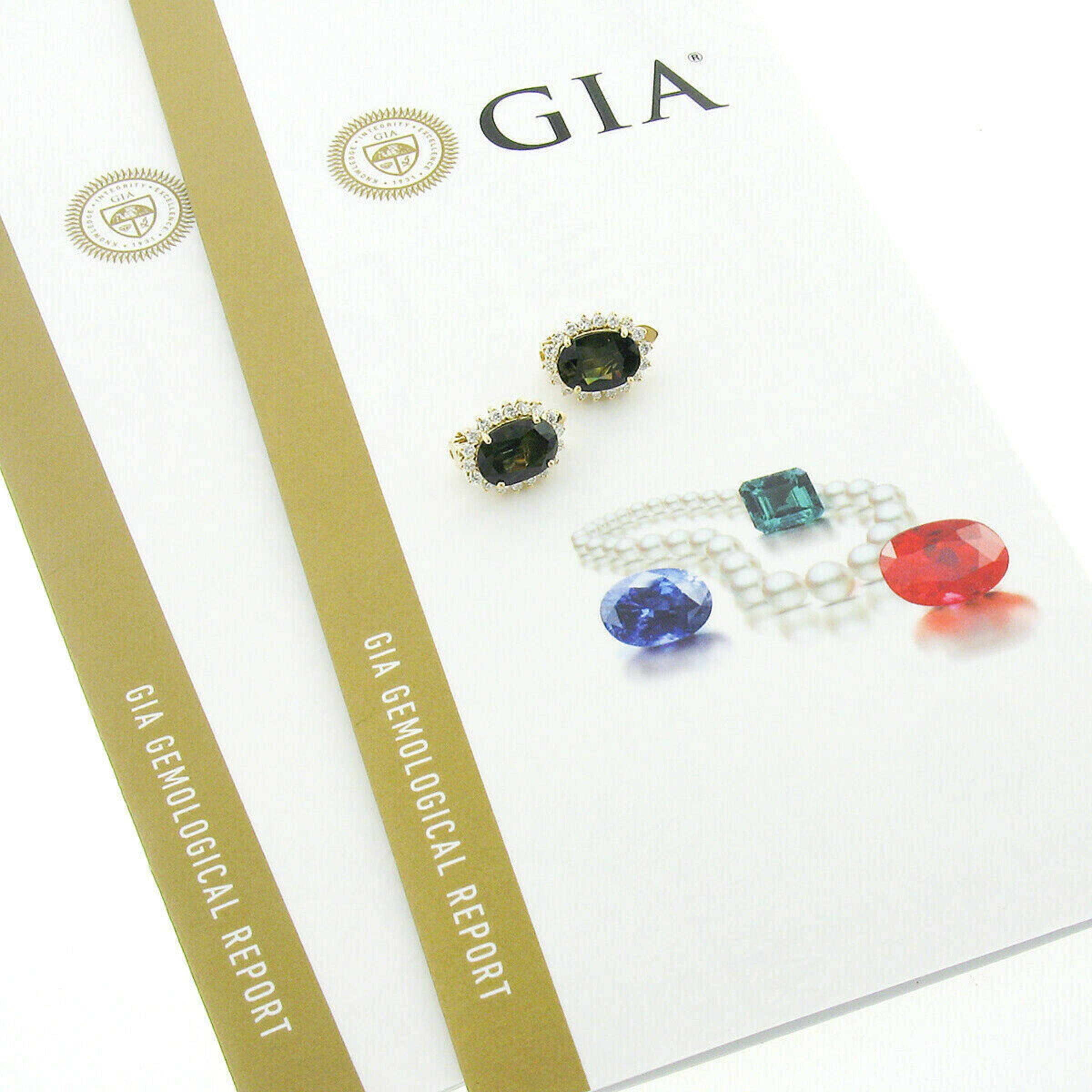Estate 14k Gold 8.18ctw GIA NO HEAT Oval Green Sapphire & Diamond Halo Earrings For Sale 2