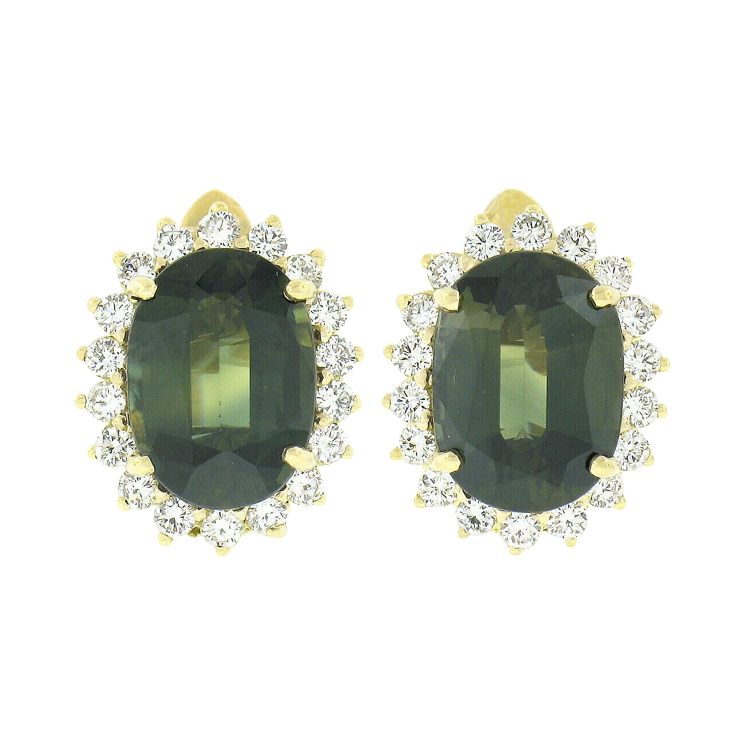 Estate 14k Gold 8.18ctw GIA NO HEAT Oval Green Sapphire & Diamond Halo Earrings For Sale