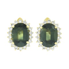 Estate 14k Gold 8.18ctw GIA NO HEAT Oval Green Sapphire & Diamond Halo Earrings