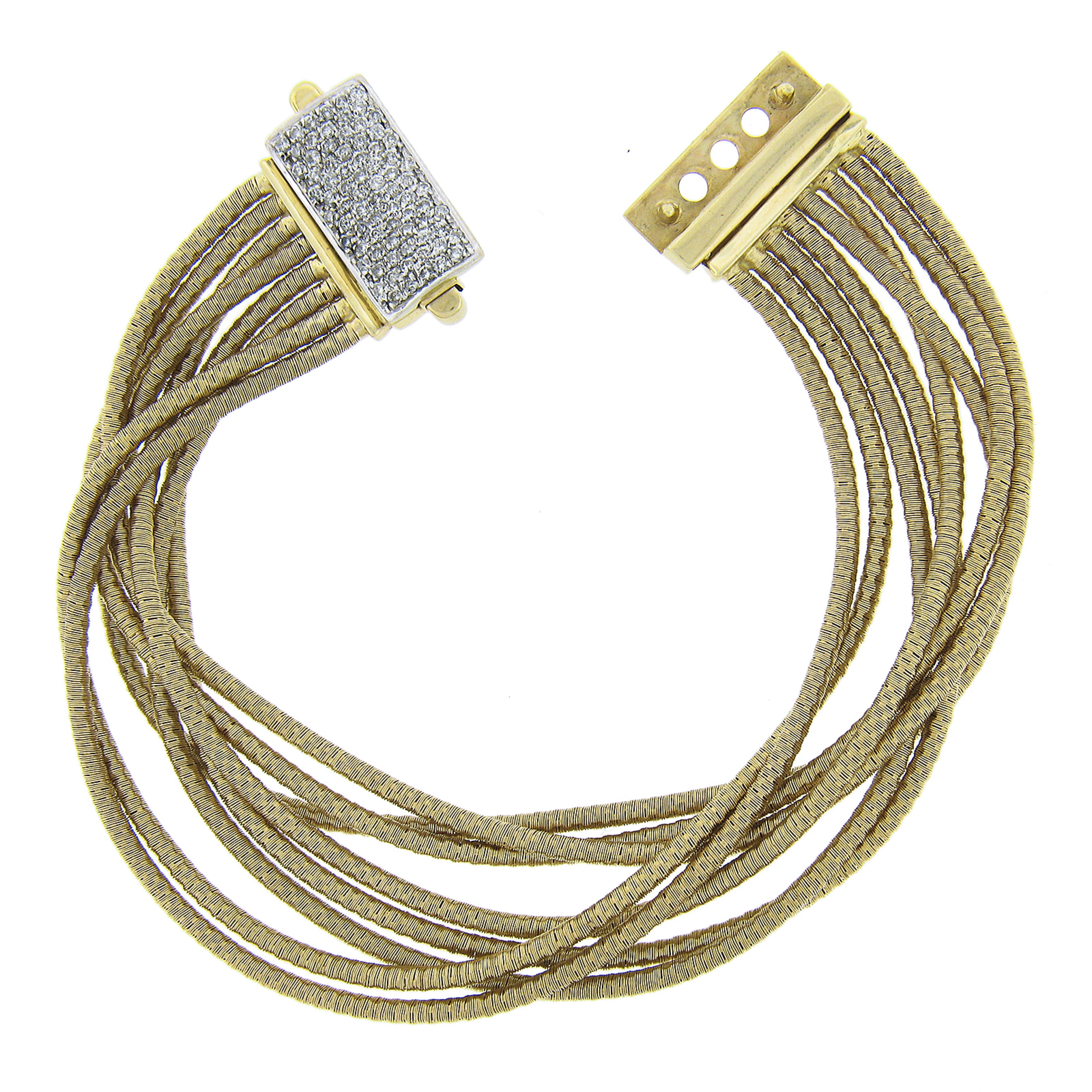 Round Cut Estate 14K Gold Multi Strand Fancy Coiled Link Bracelet W/ 0.75C Diamond Clasp For Sale
